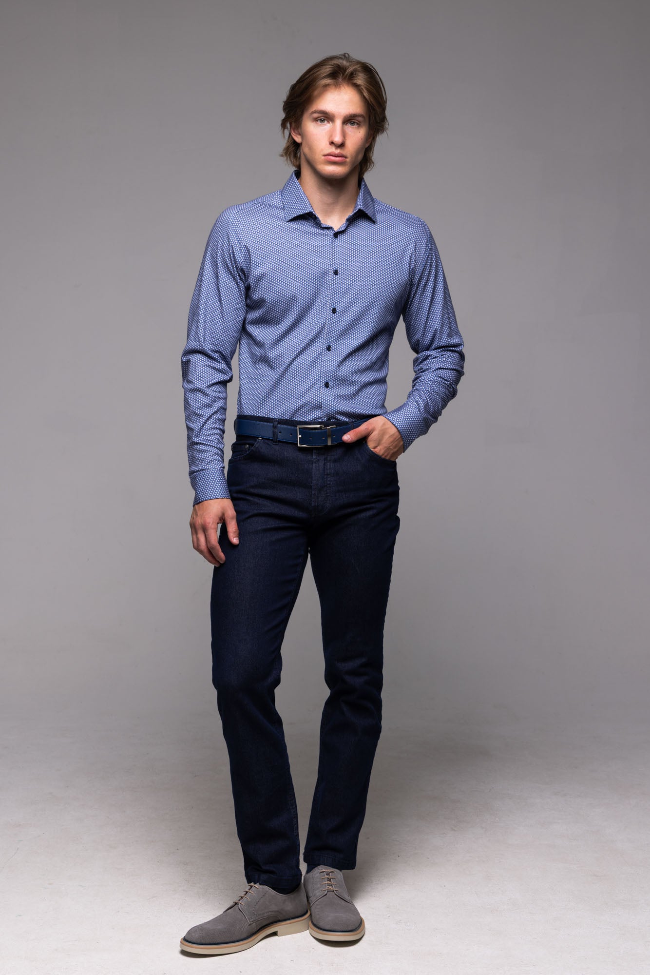 Bielomodrá strečová Extra Slim Fit košeľa so vzorom