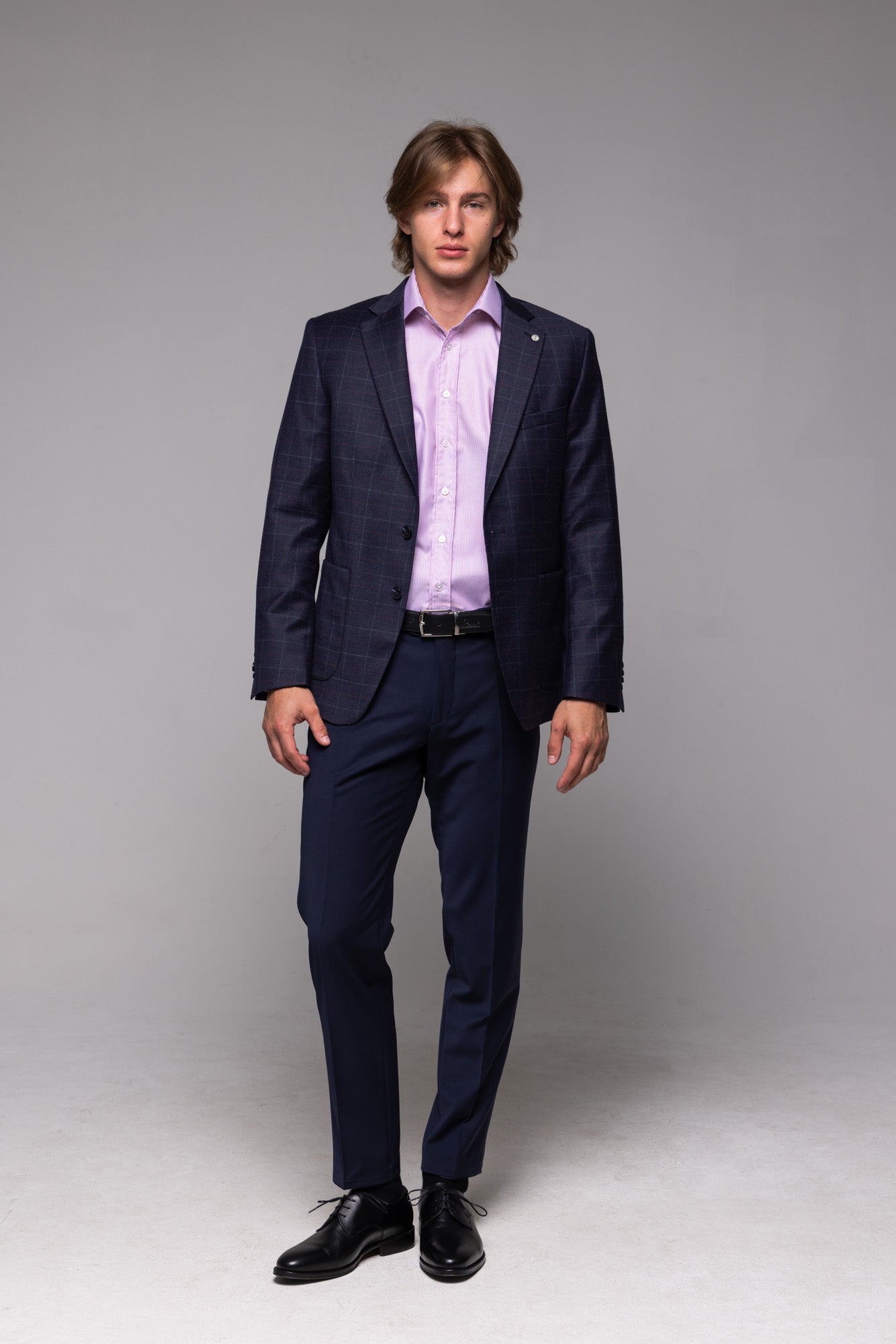 Modré vlnené sako s rúžovým károm-XLveľkosti