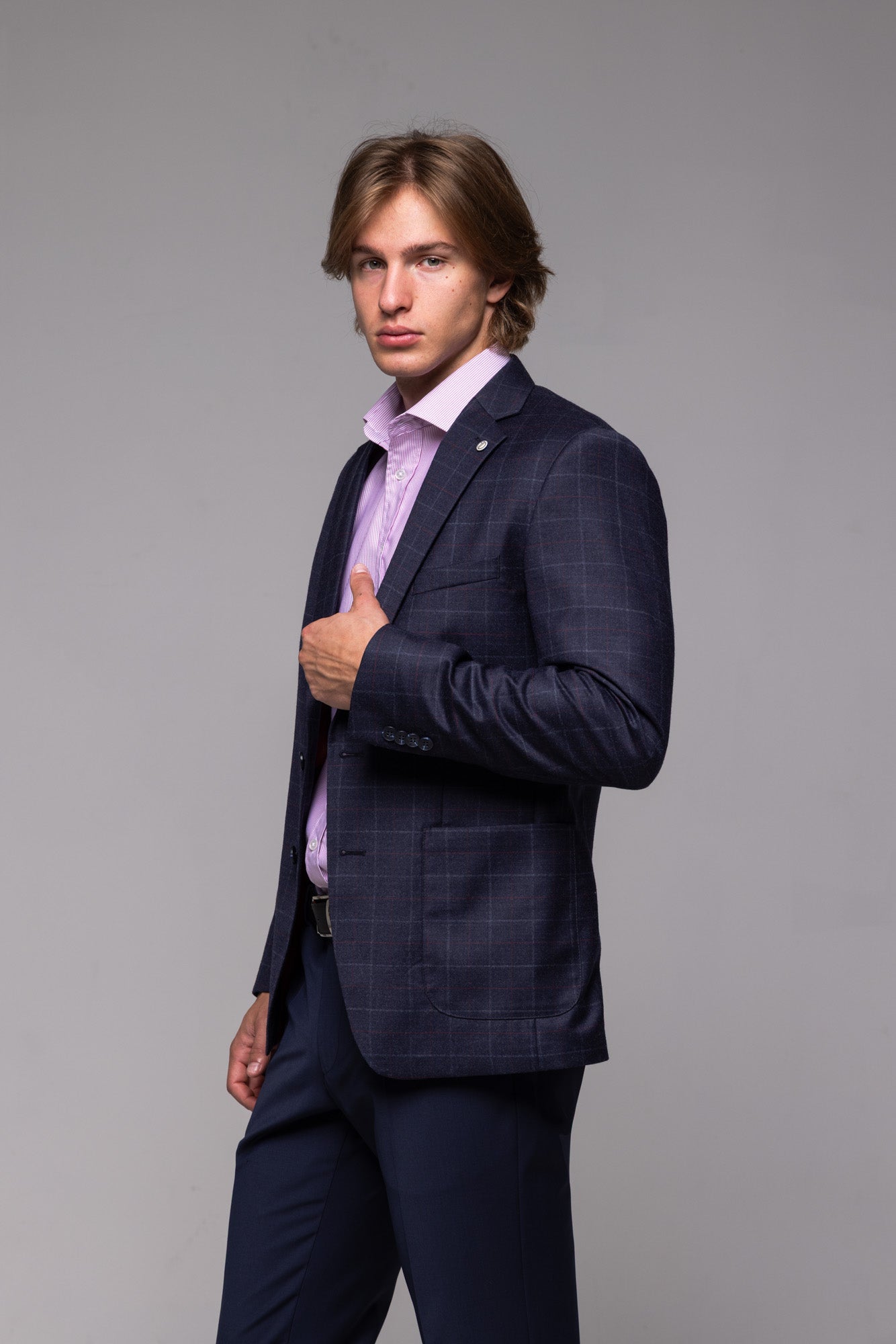 Modré vlnené sako s rúžovým károm-XLveľkosti