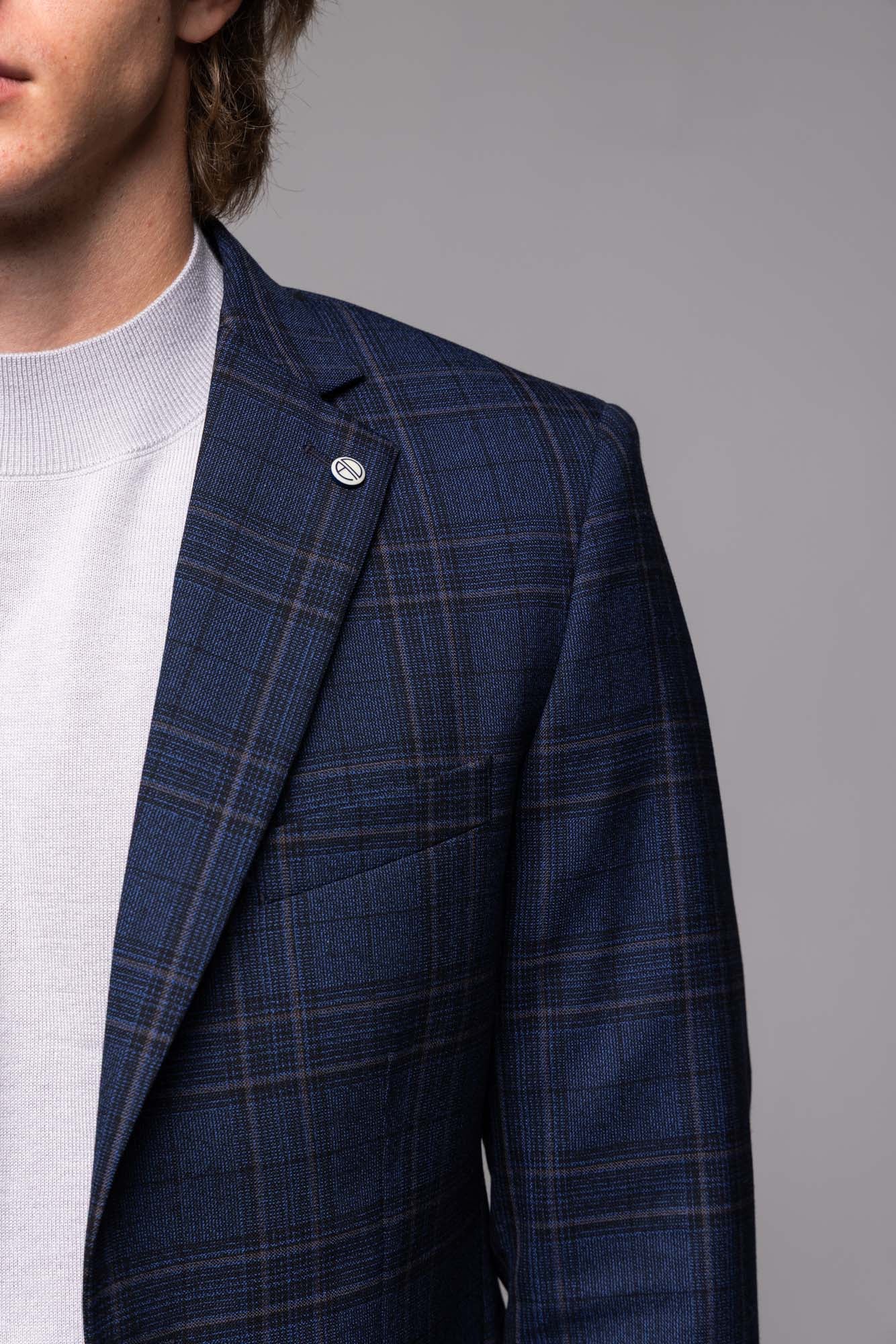 Modré vlnené sako so sivým károm