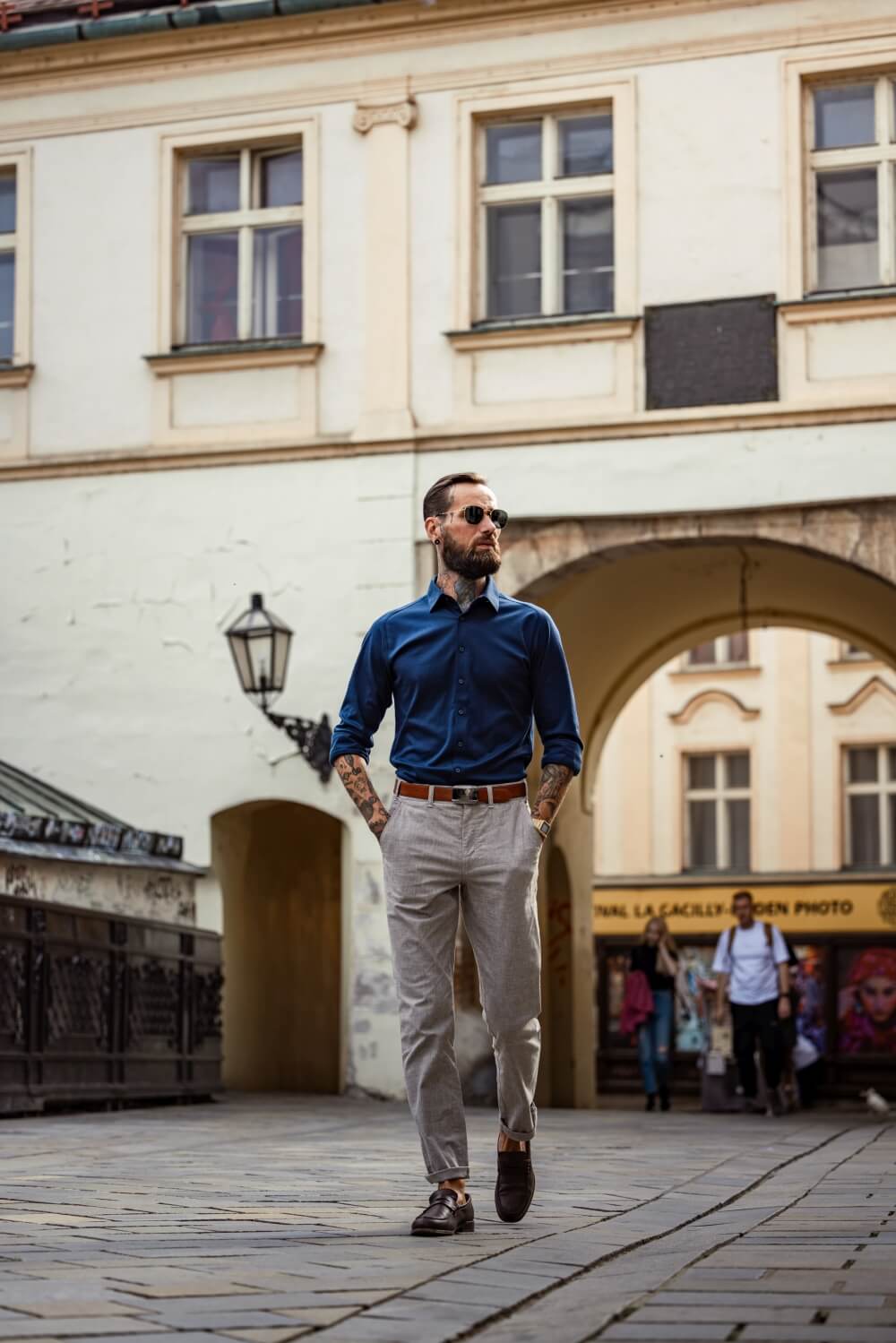 Béžové kárované voľnočasové nohavice