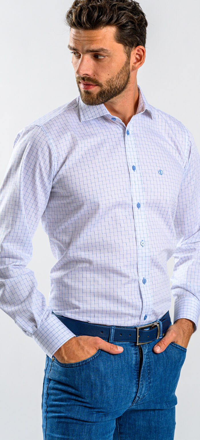 Biela Slim Fit košeľa so vzorom modrých štvorcov
