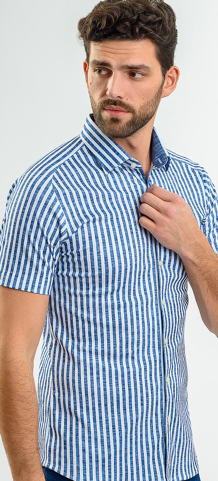 Bielo-modrá prúžkovaná strečová Extra Slim Fit košeľa s krátkym rukávom