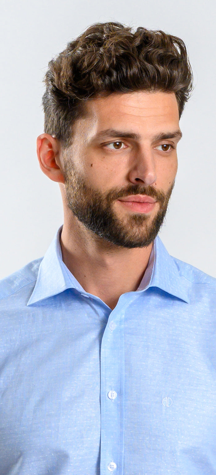 Bledomodrá vzorovaná ľanová Extra Slim Fit košeľa s krátkym rukávom