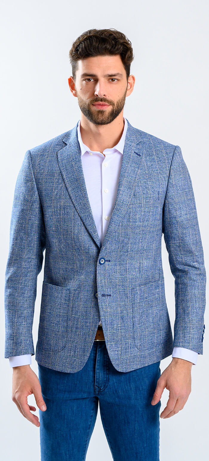 Bledomodré sako s jemným hnedým károm