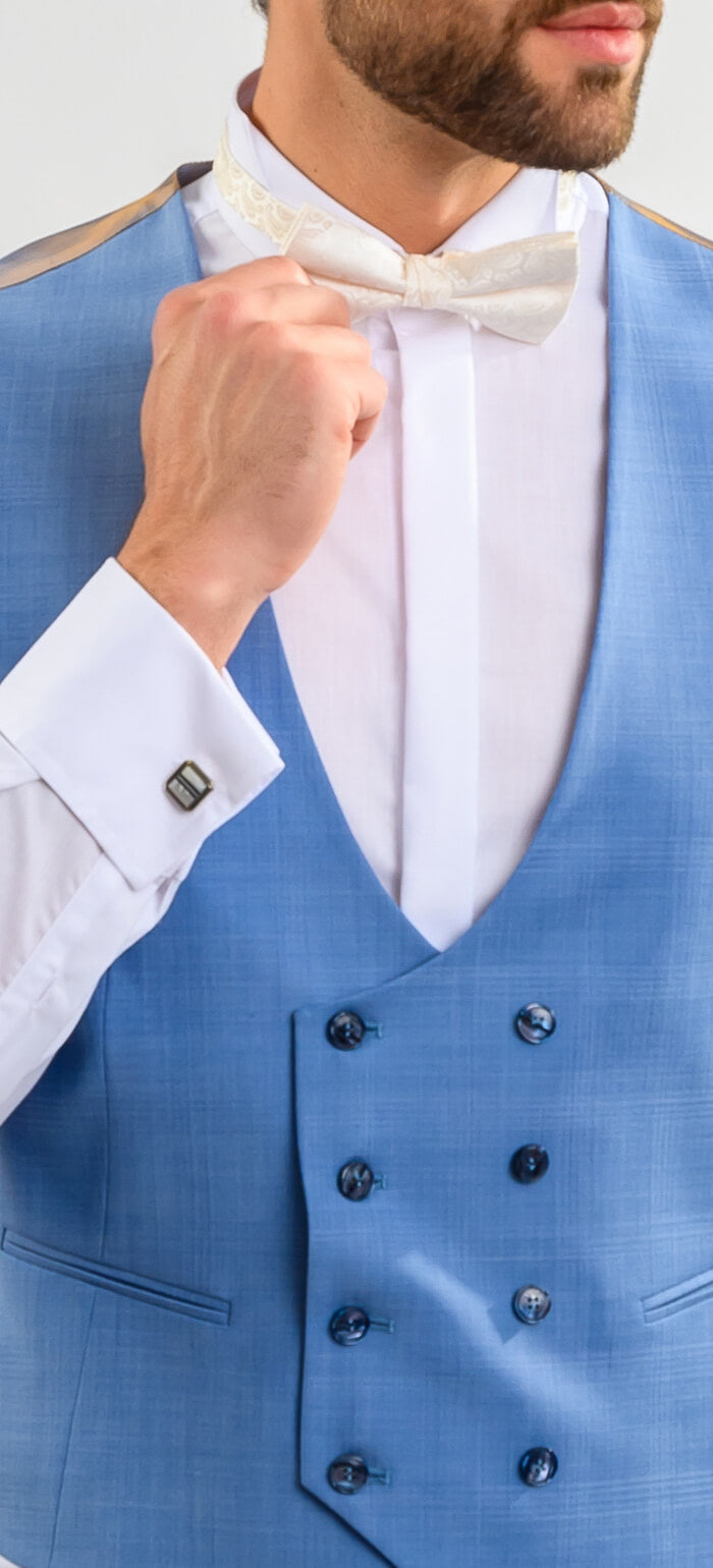 Bledomodrý svadobný Slim Fit oblek s vestou