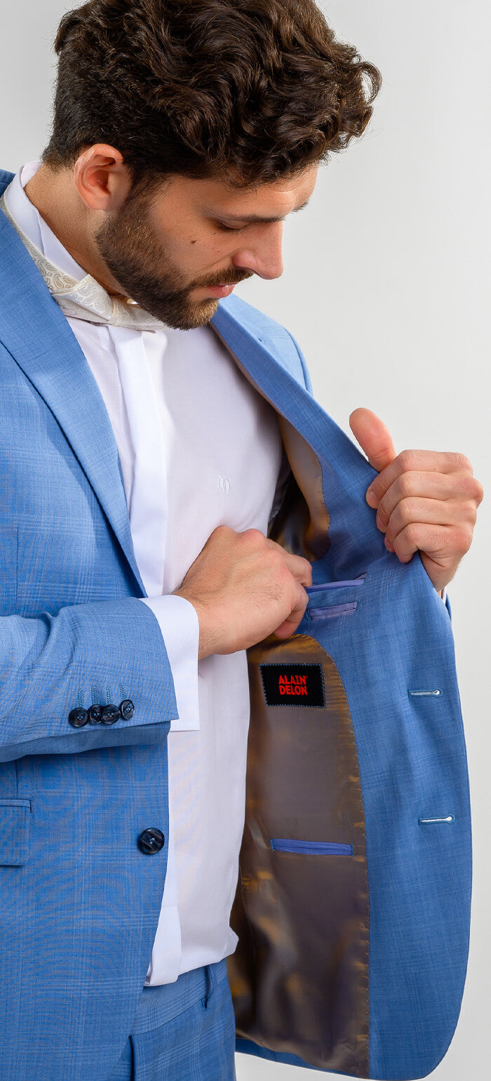 Bledomodrý svadobný Slim Fit oblek s vestou