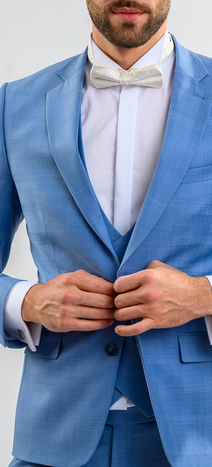 Bledomodrý svadobný Slim Fit oblek s vestou