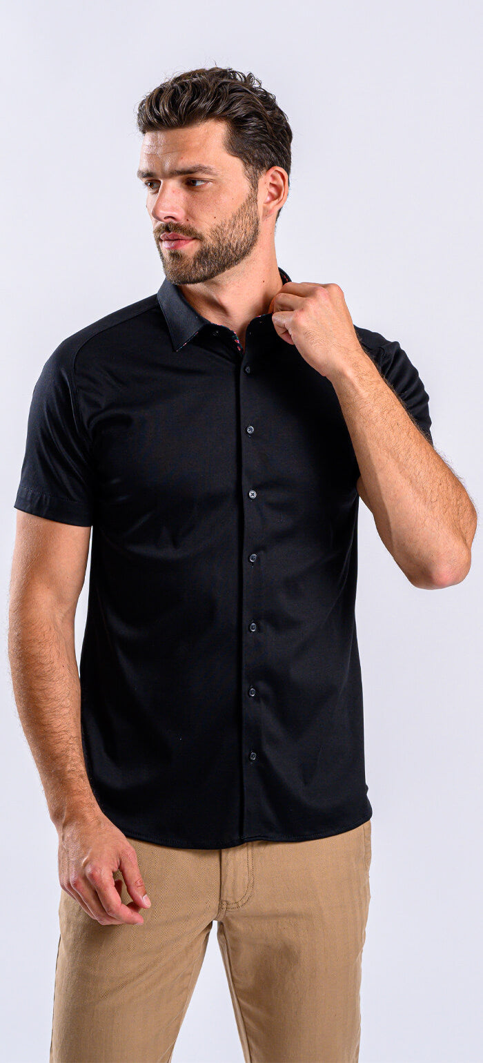 Čierna strečová Extra Slim Fit košeľa s krátkym rukávom