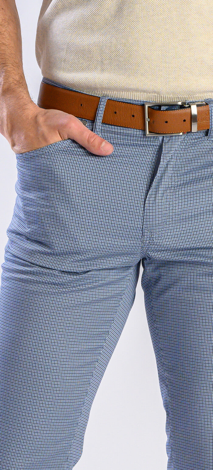 Modro-sivé voľnočasové nohavice so vzorom kohútej stopy