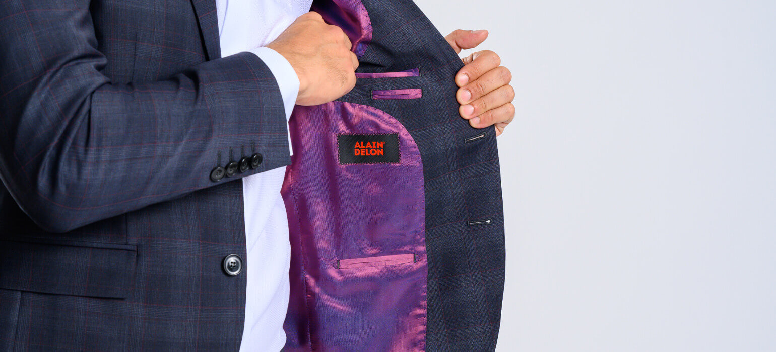 Modrý Slim fit oblek s bordovým károm XL veľkosti