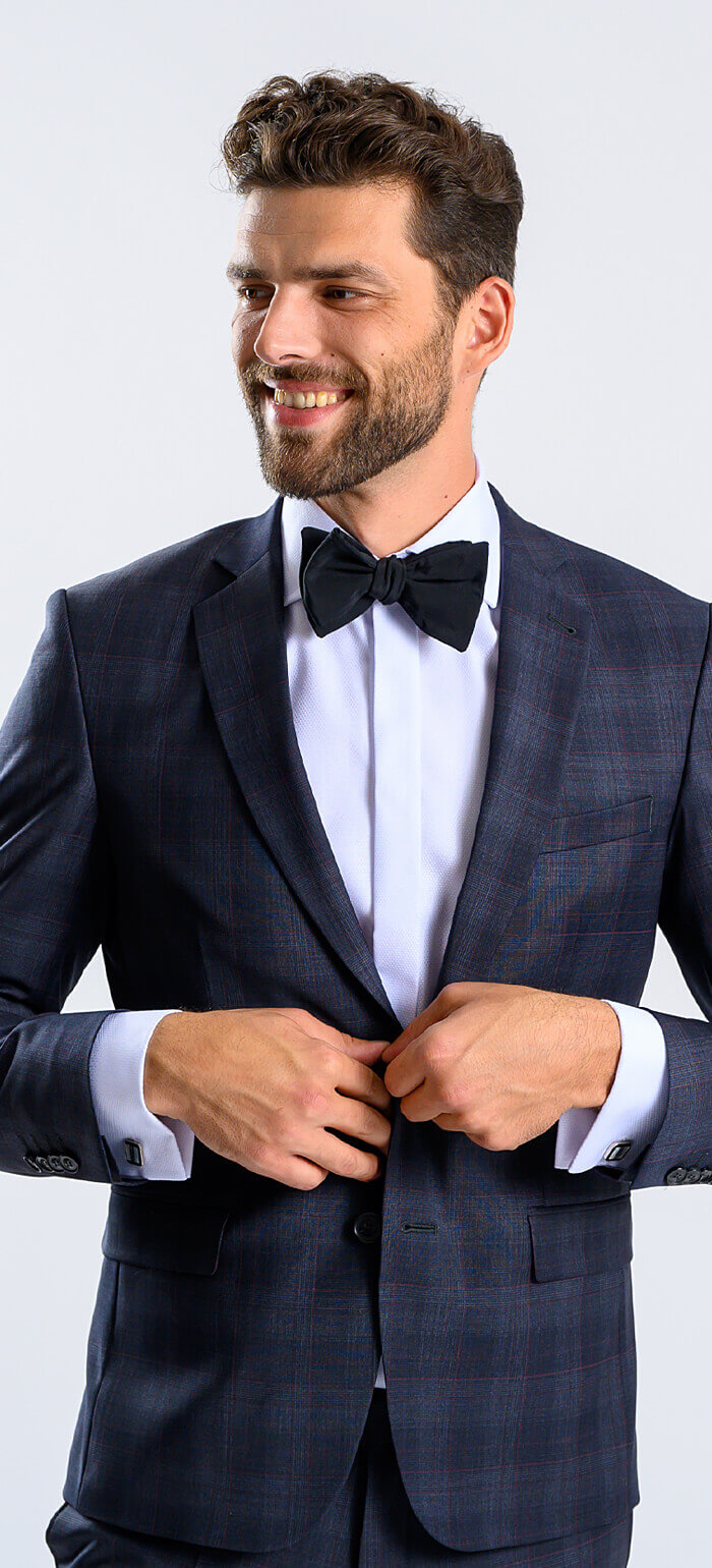 Modrý Slim fit oblek s bordovým károm XL veľkosti