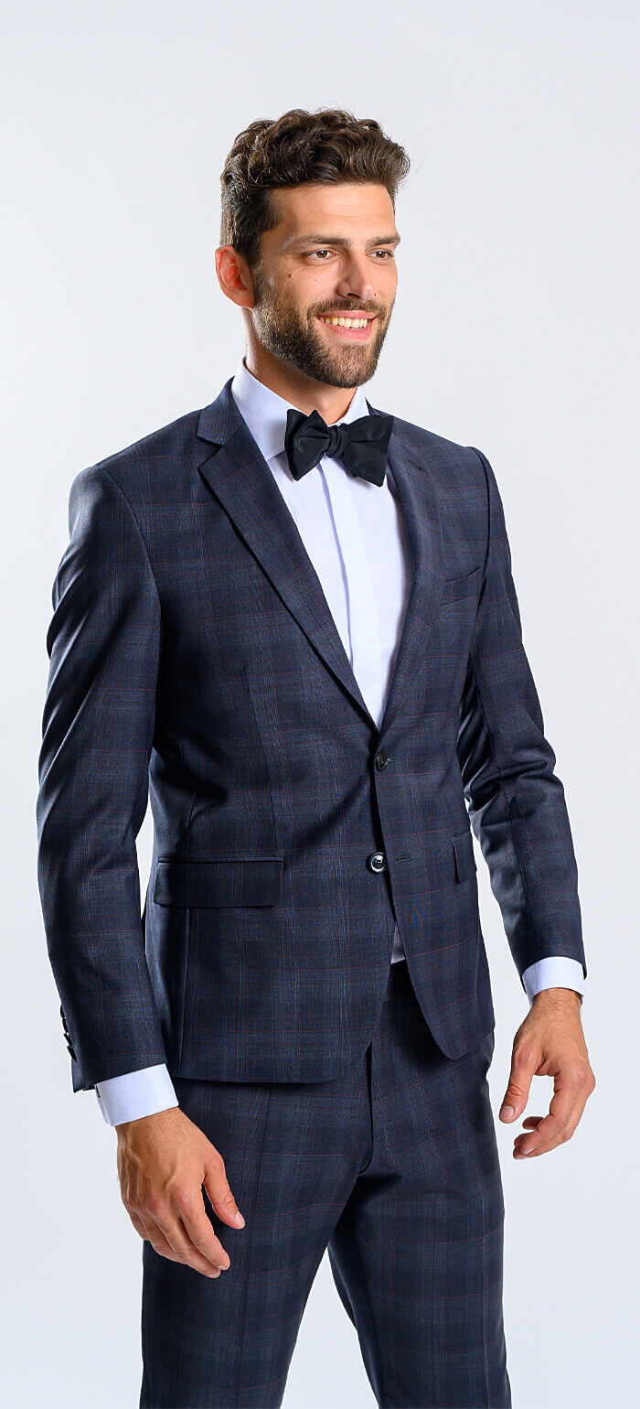 Modrý Slim fit oblek s bordovým károm XL veľkosti