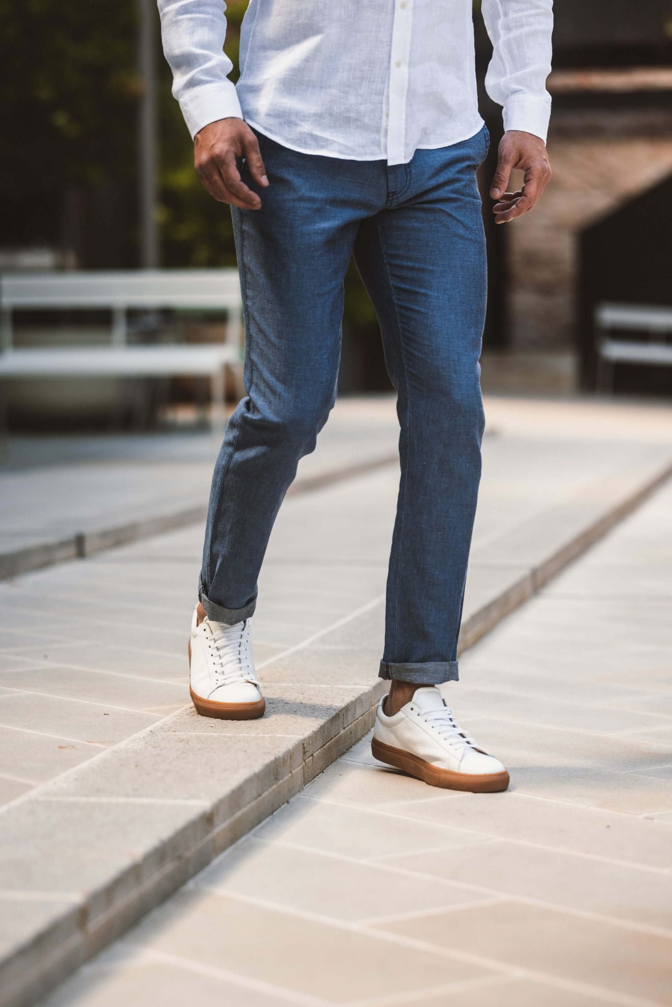 Šedomodré ľanové nohavice