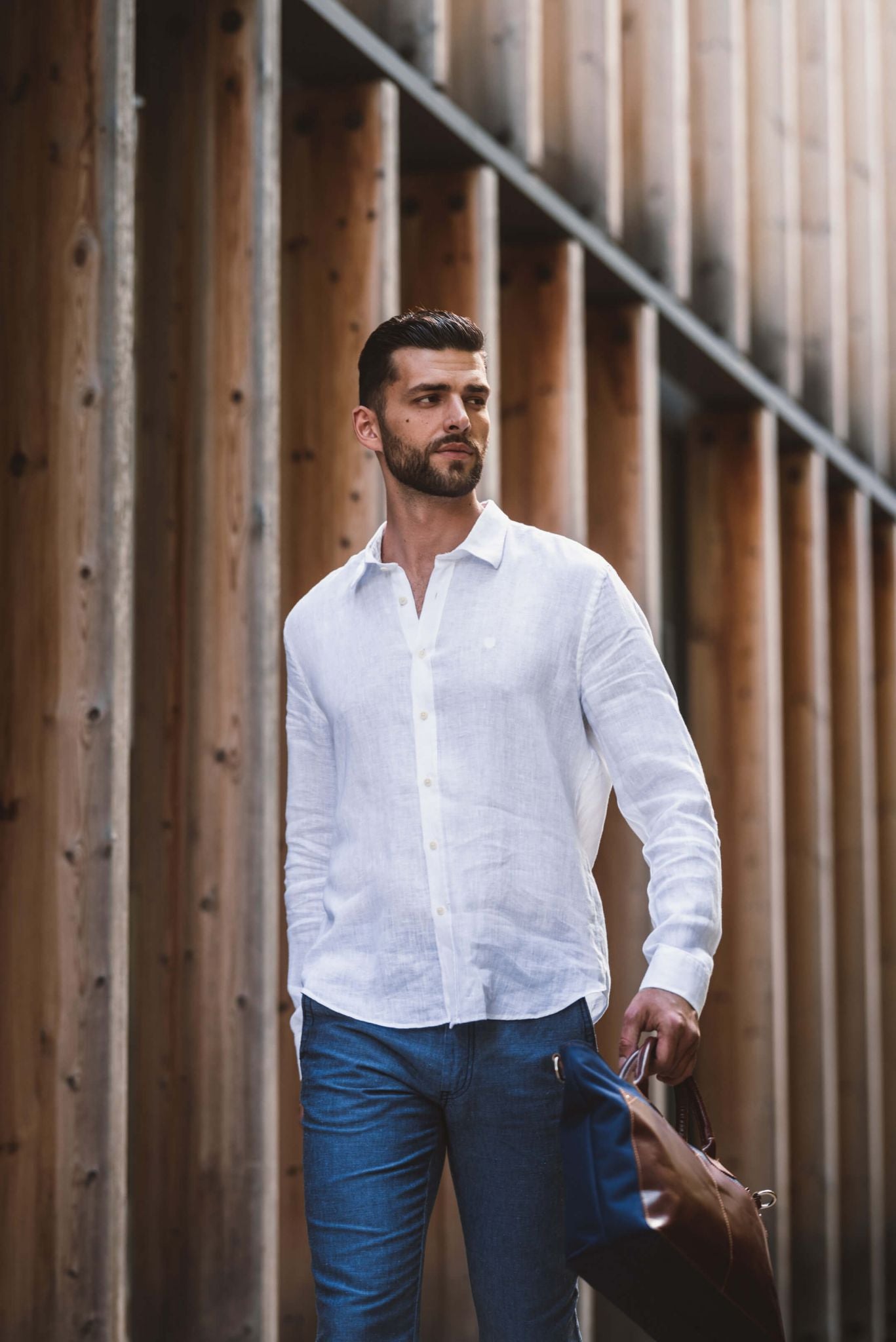 Šedomodré ľanové nohavice