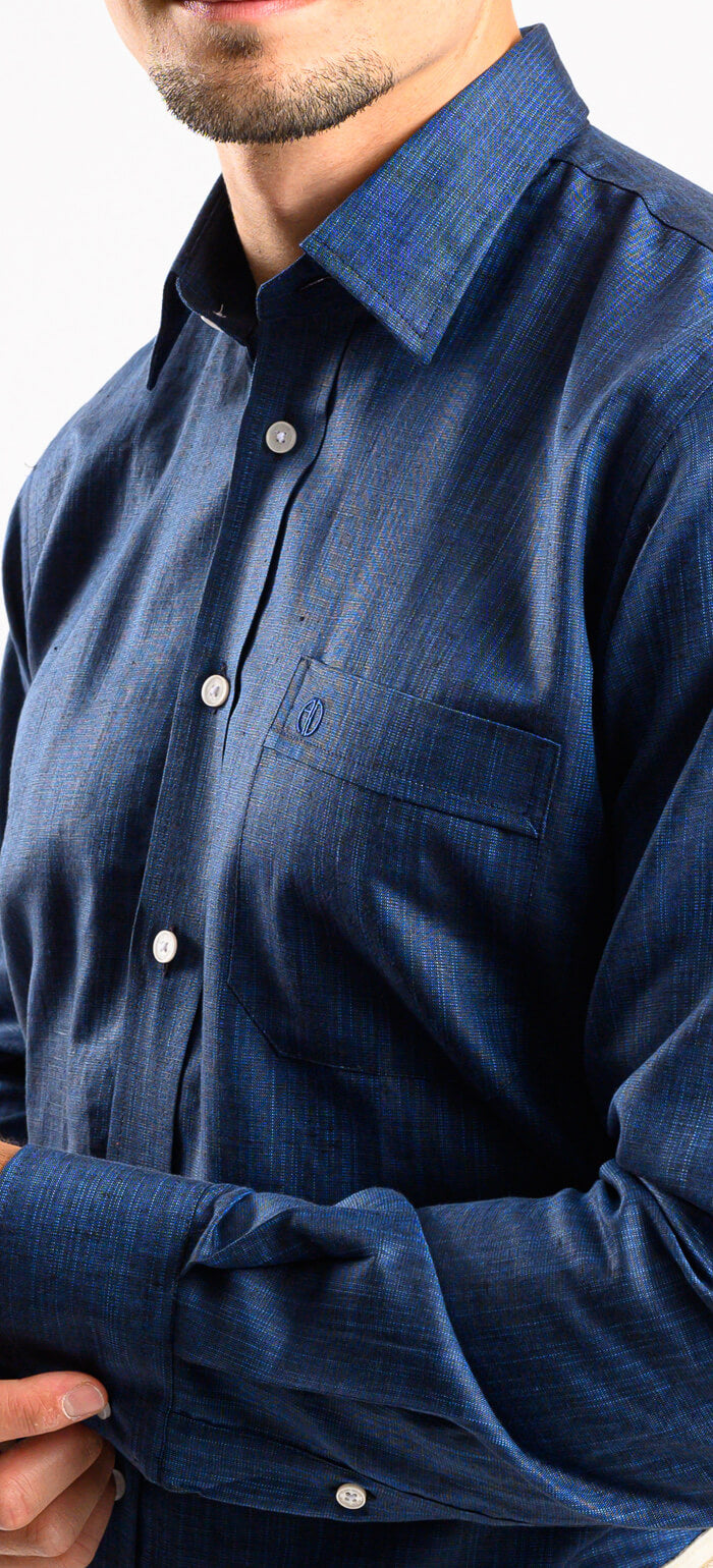 Tmavomodrá ľanová Slim Fit košeľa s jemnou štruktúrou