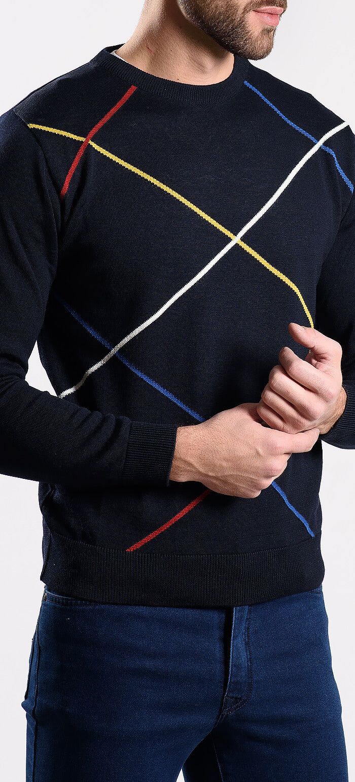 Tmavomodrý pulóver so vzorom