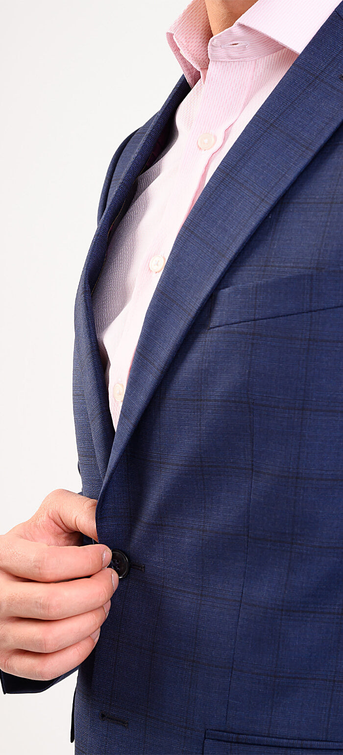 Tmavomodrý vlnený Slim Fit oblek s čiernym károm