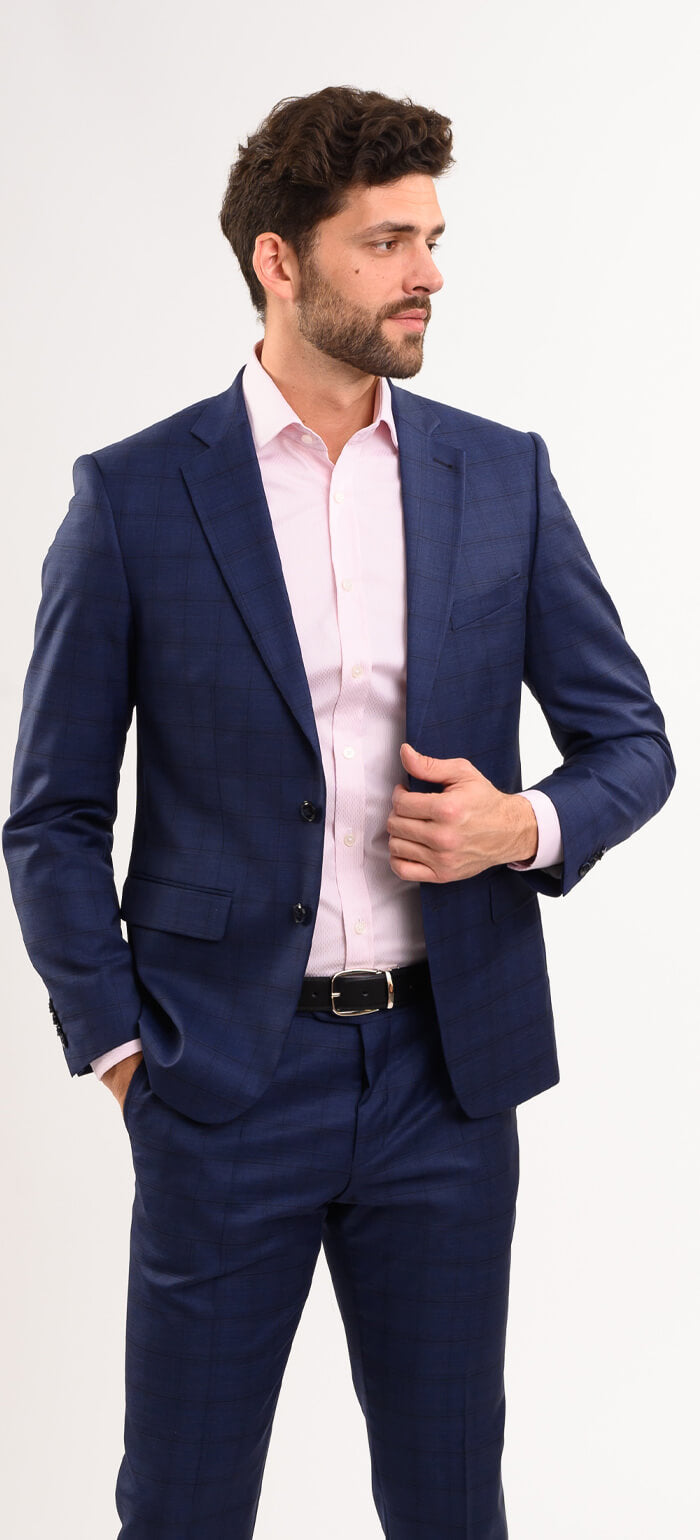 Tmavomodrý vlnený Slim Fit oblek s čiernym károm