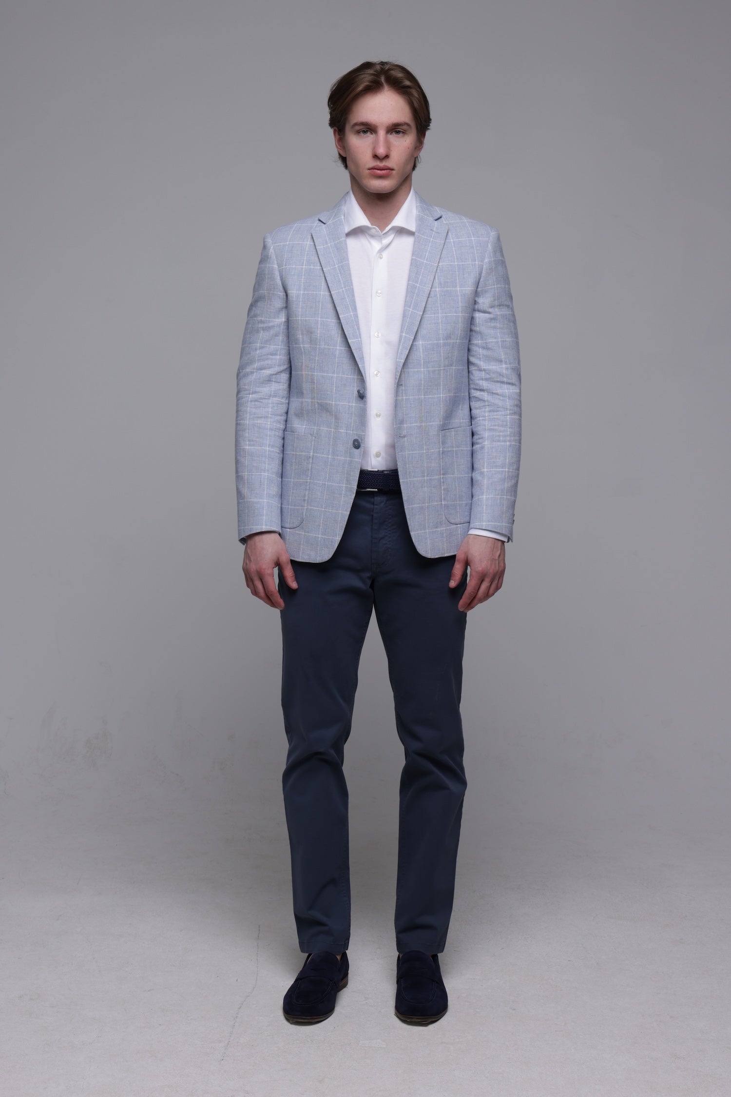 Bledomodré ľanové Slim Fit sako s bielym károm