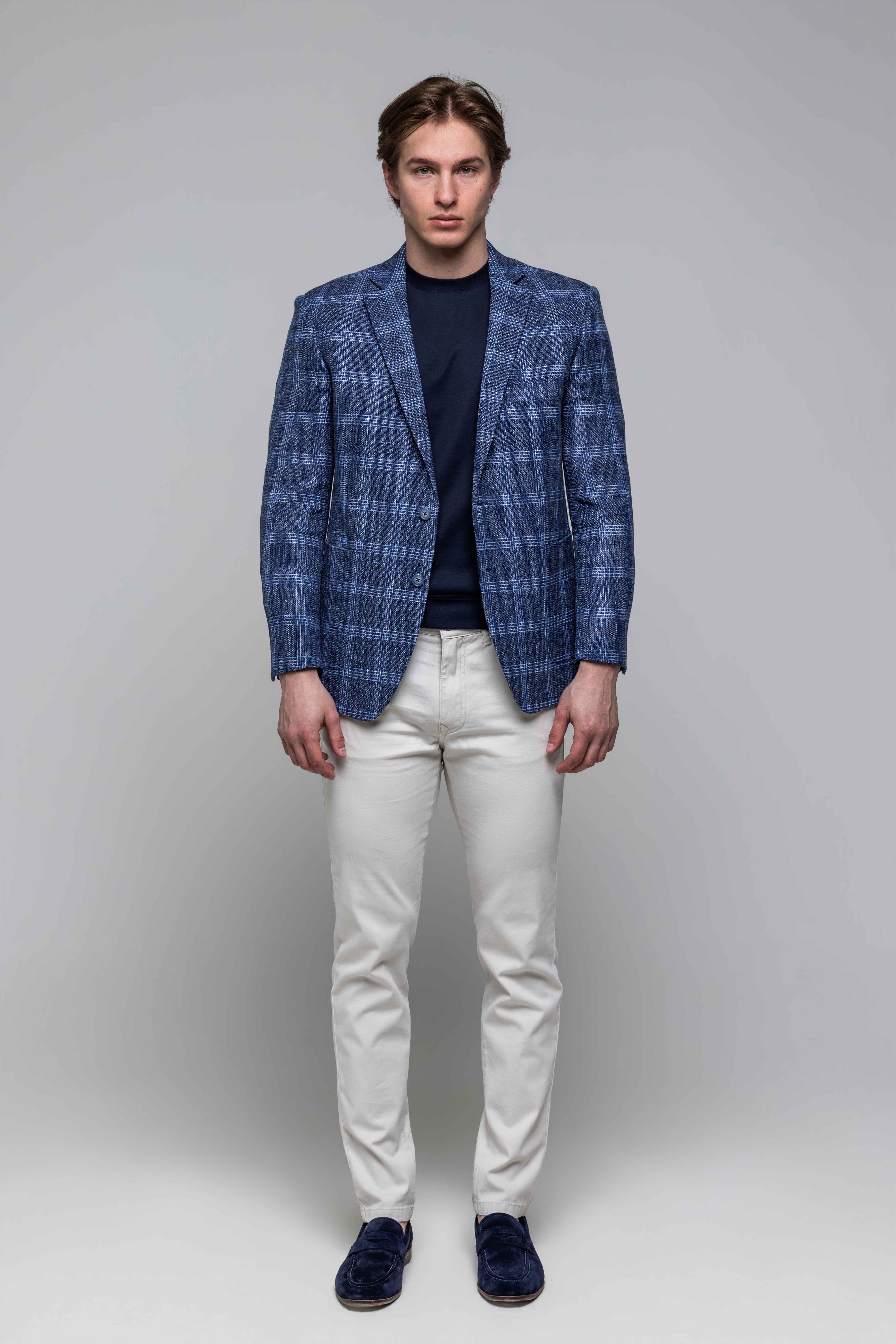 Modré sako z vlny a ľanu s bielym károm