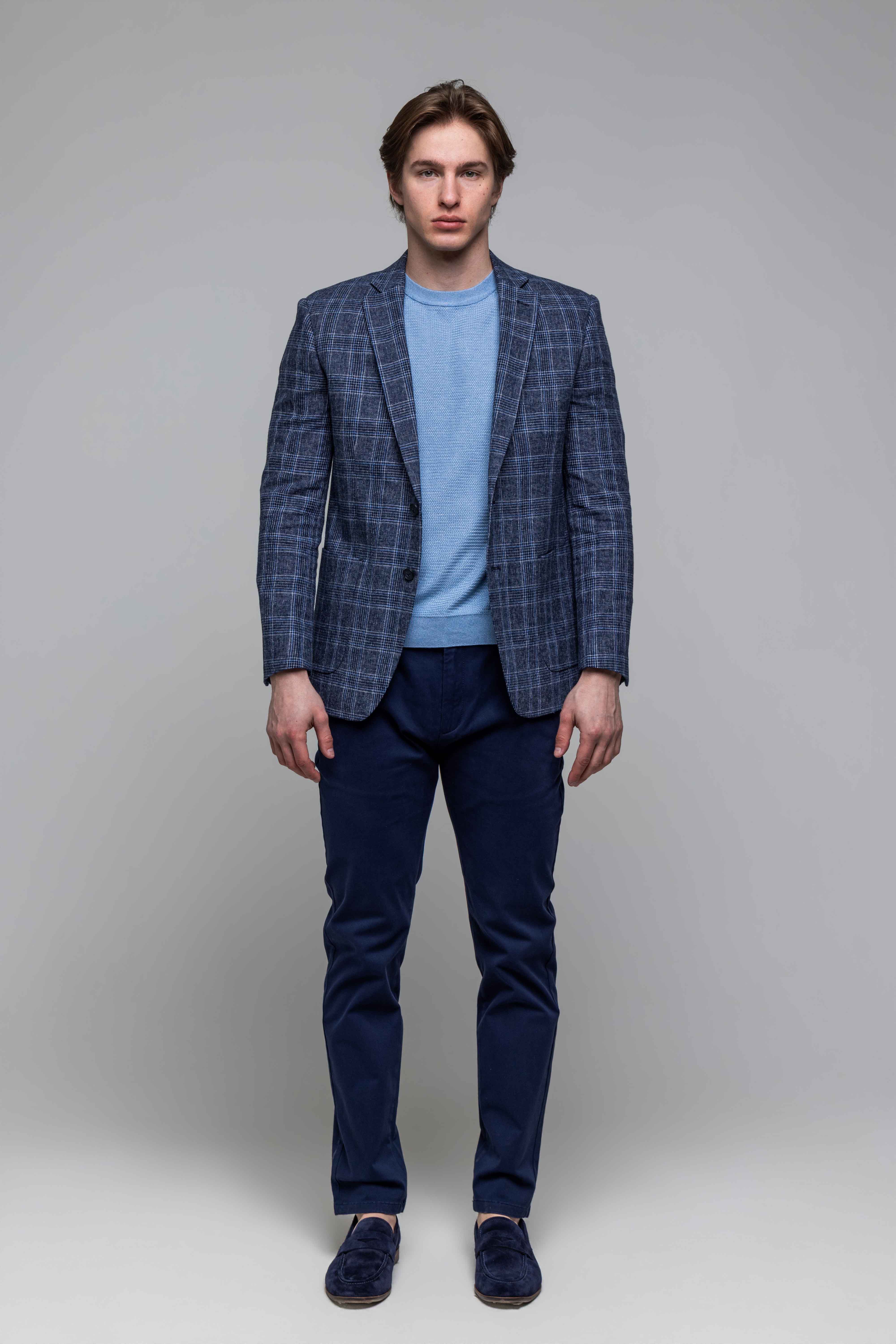 Modré ľanové sako s bielomodrým károm