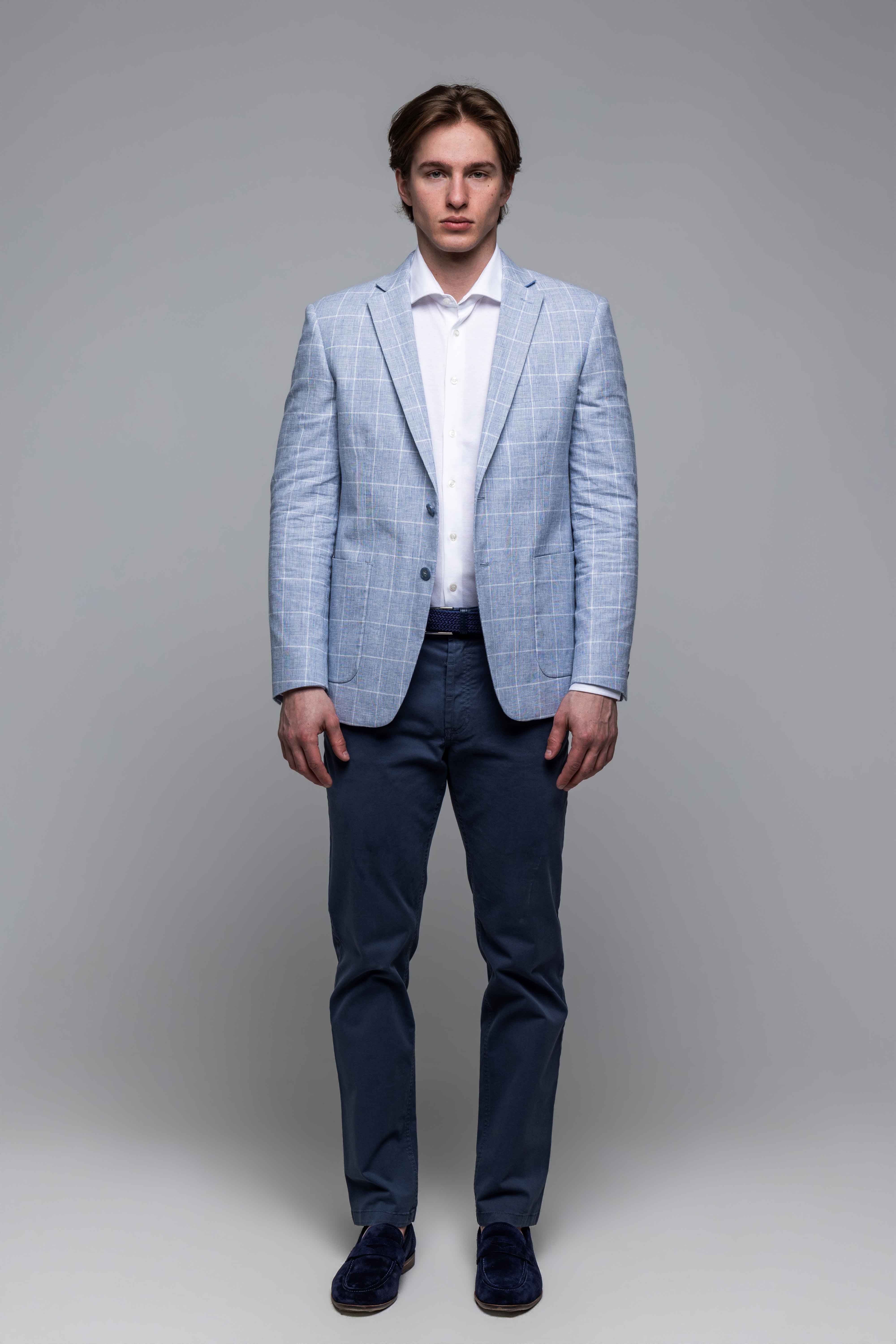 Bledomodré ľanové Slim Fit sako s bielym károm