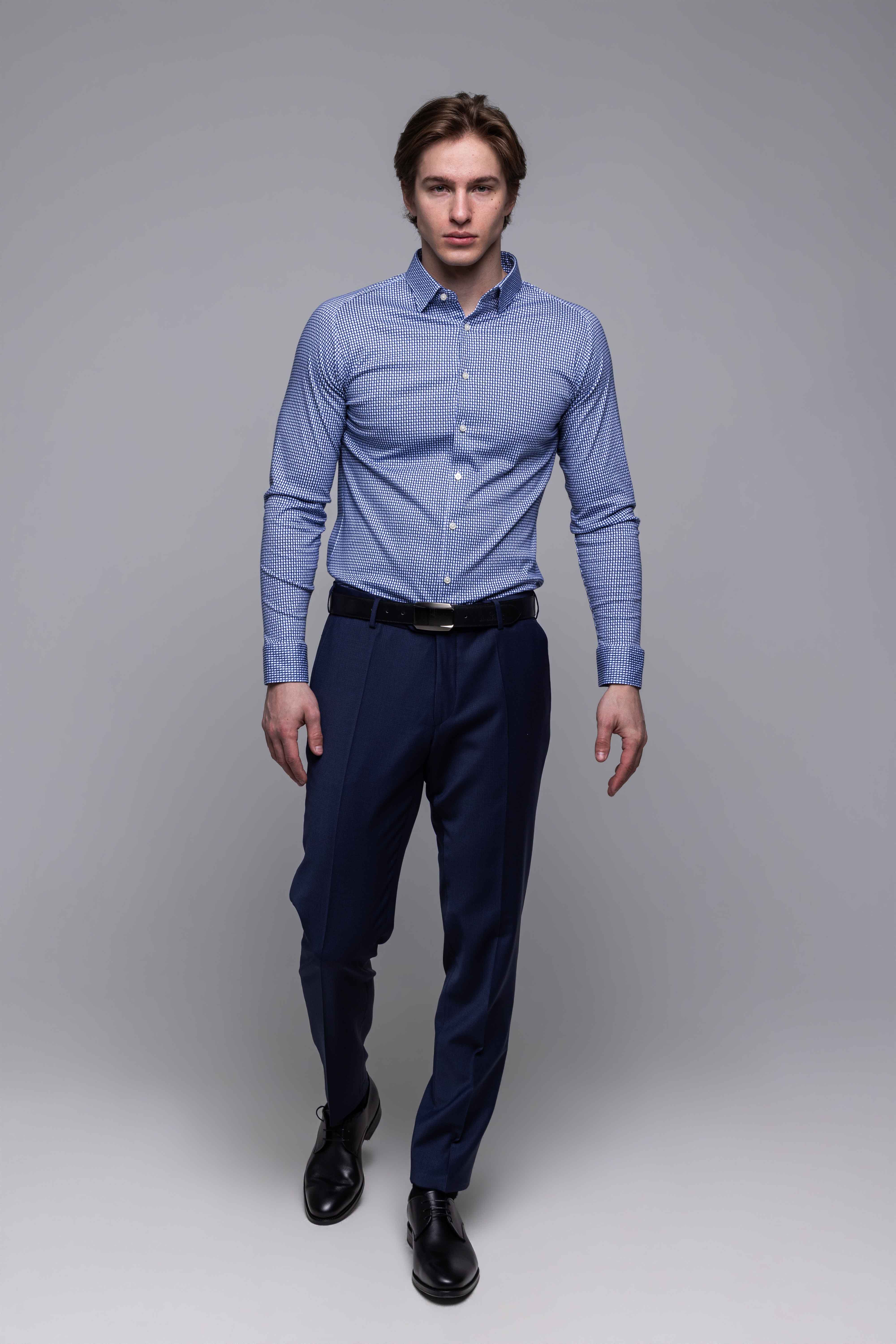 Modrá strečová Extra Slim Fit košeľa s bieločiernym vzorom