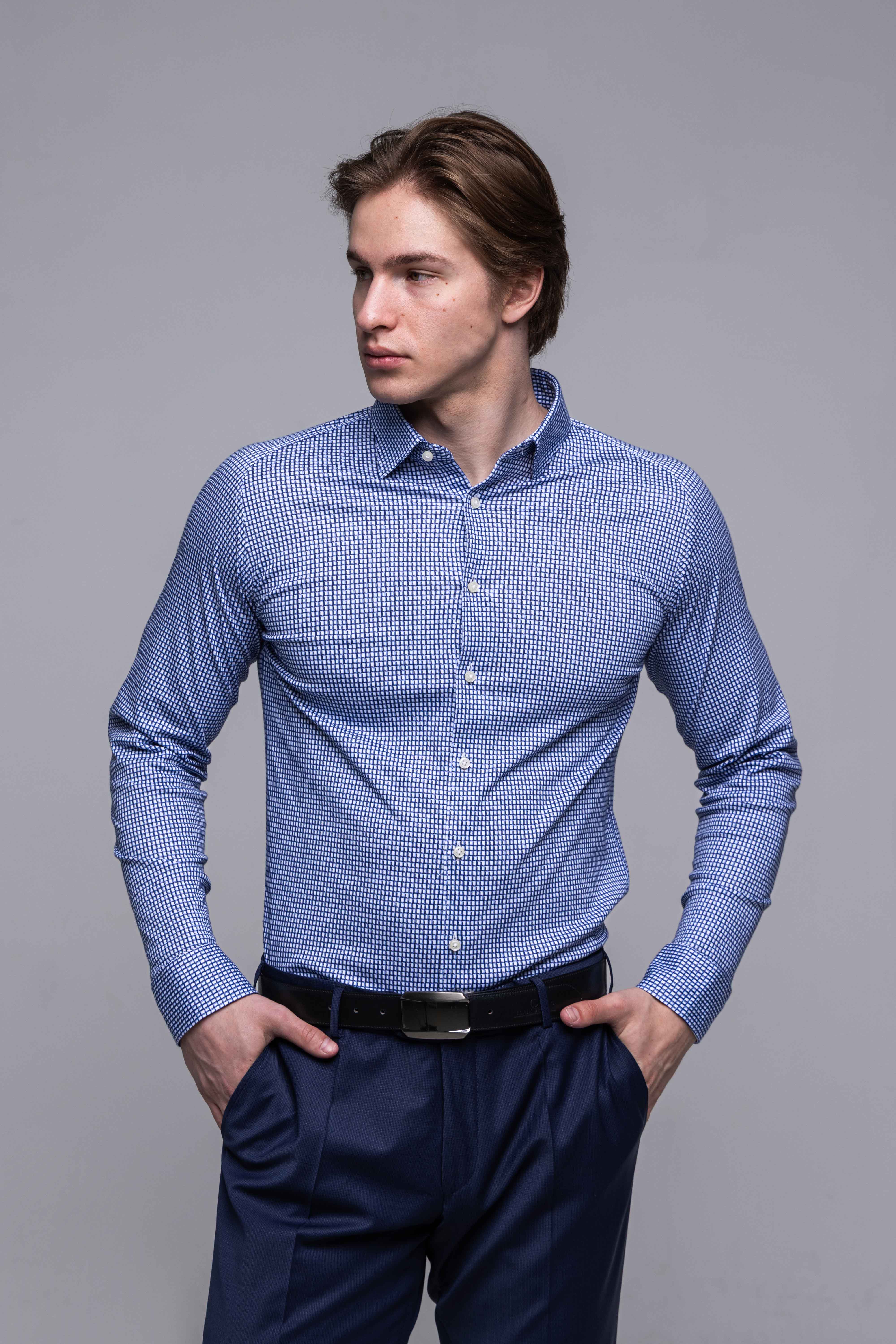 Modrá strečová Extra Slim Fit košeľa s bieločiernym vzorom