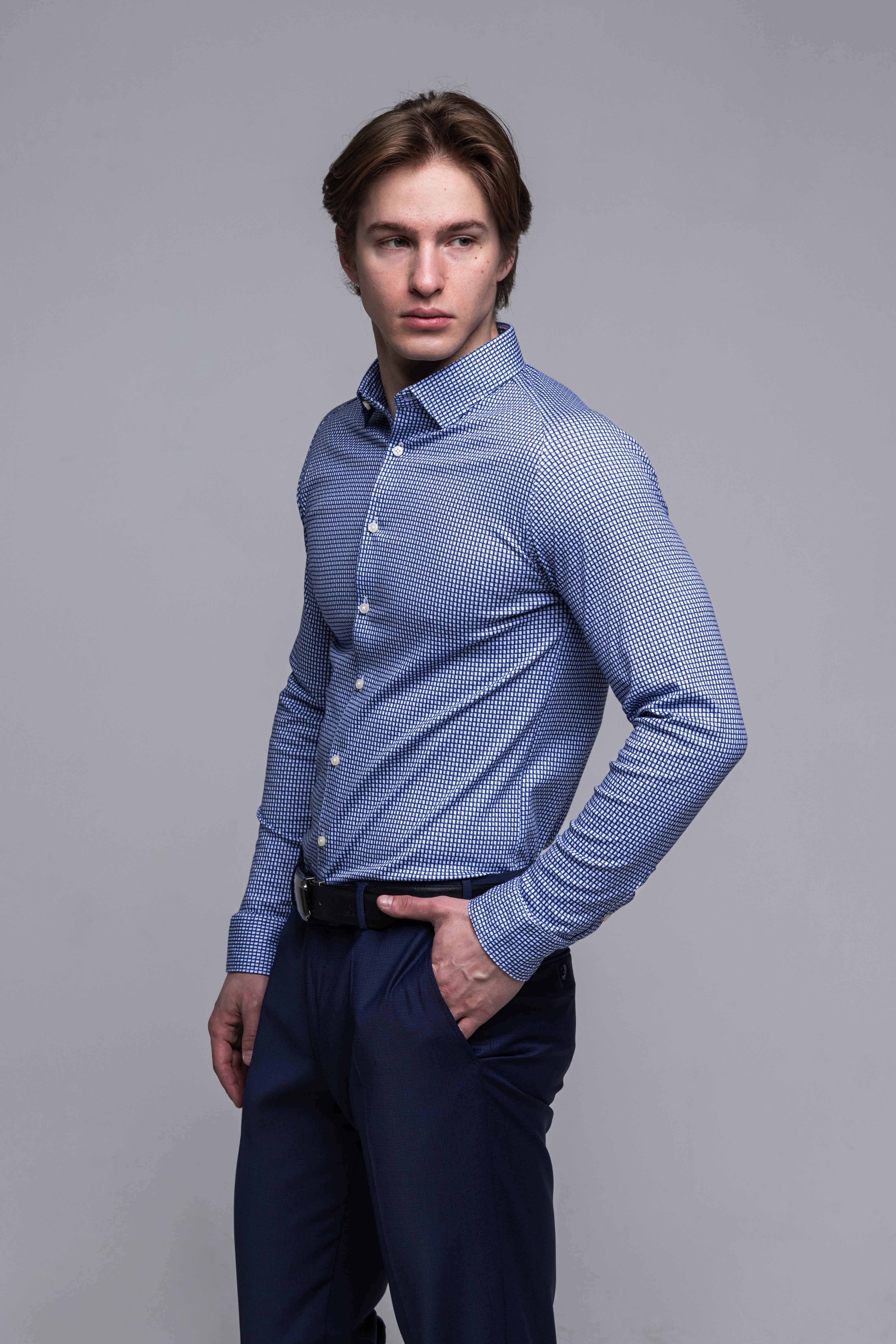 Modrá strečová Extra Slim Fit košeľa s bieločiernym vzorom