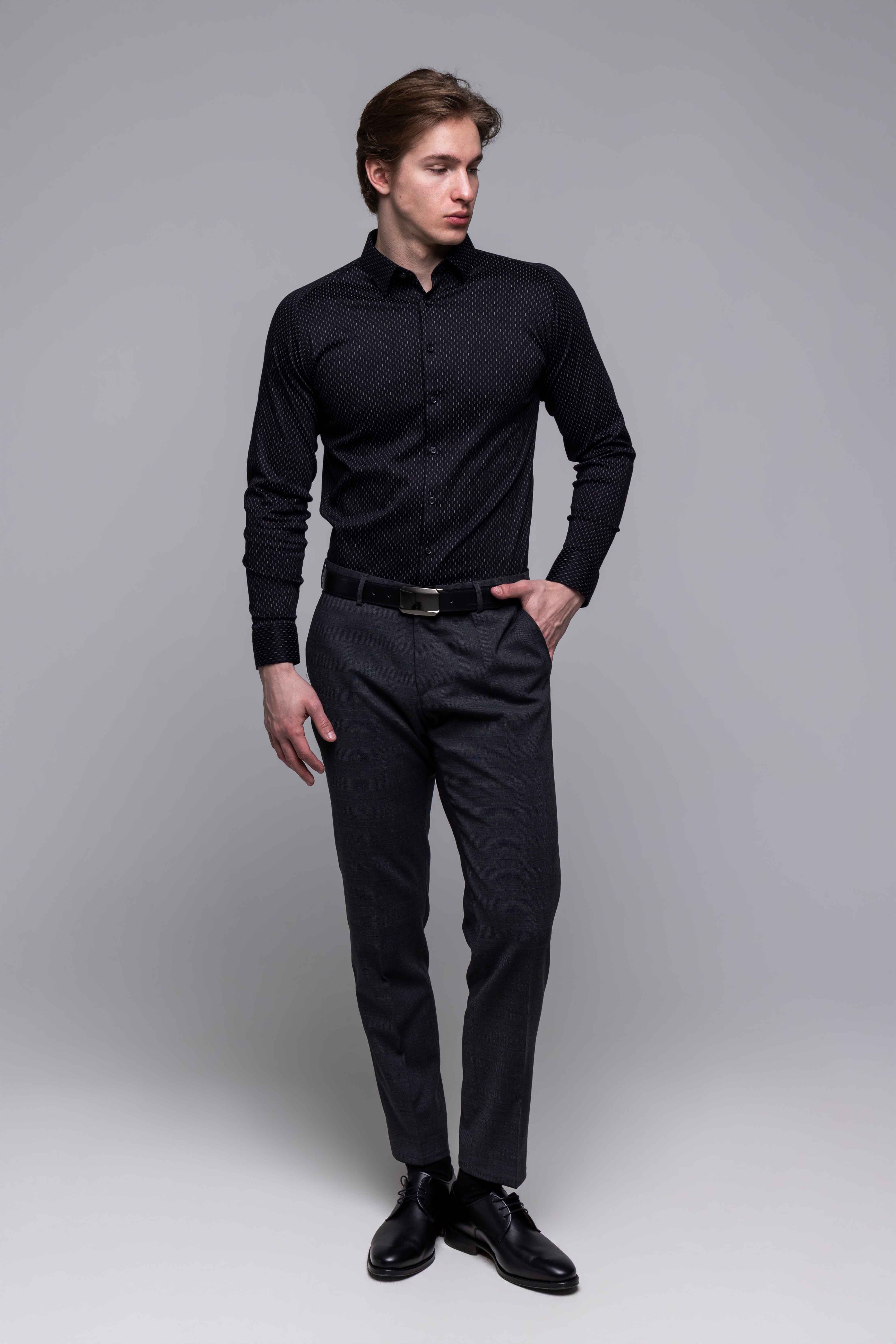 Čierna strečová Extra Slim Fit košeľa so sivým vzorom