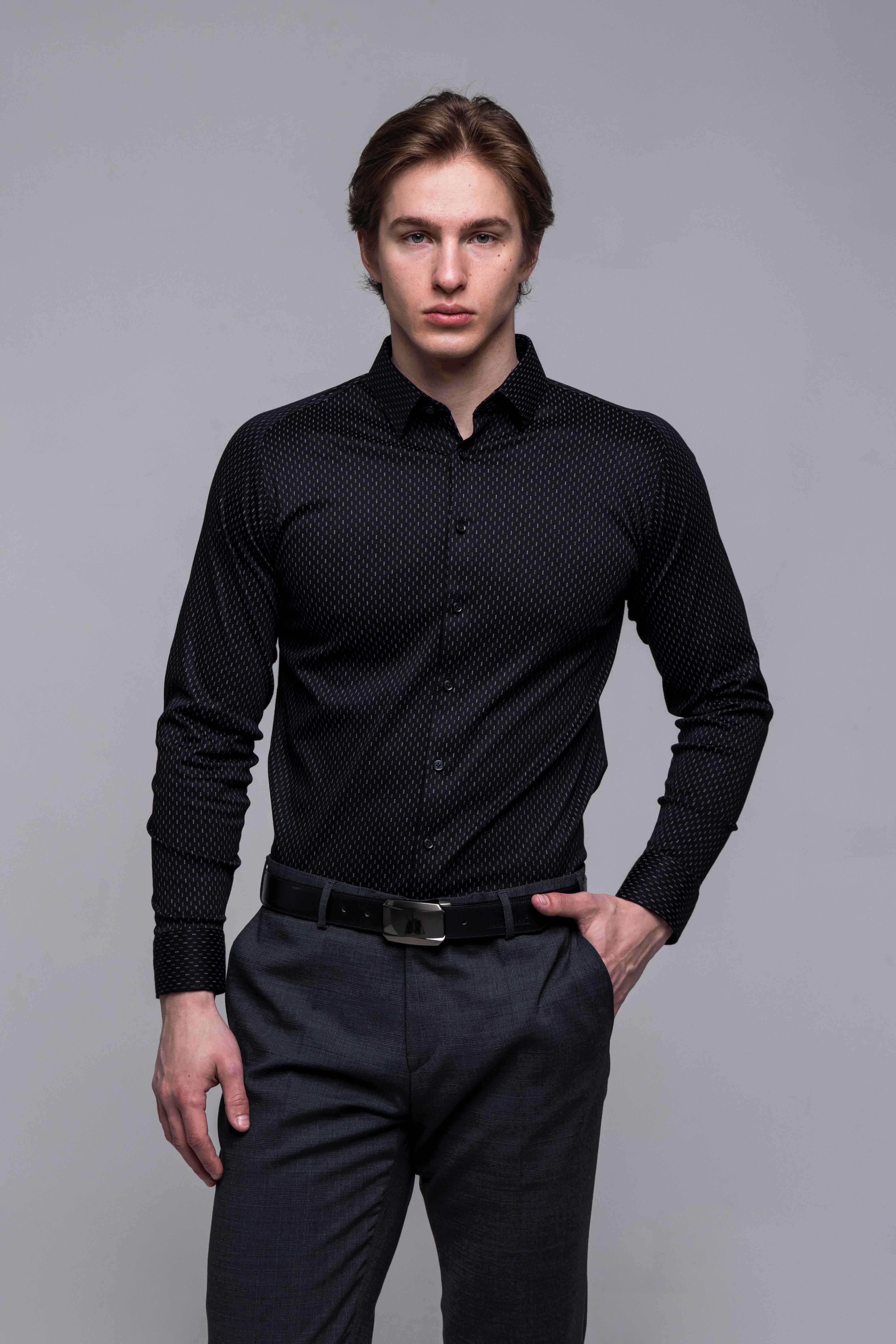 Čierna strečová Extra Slim Fit košeľa so sivým vzorom