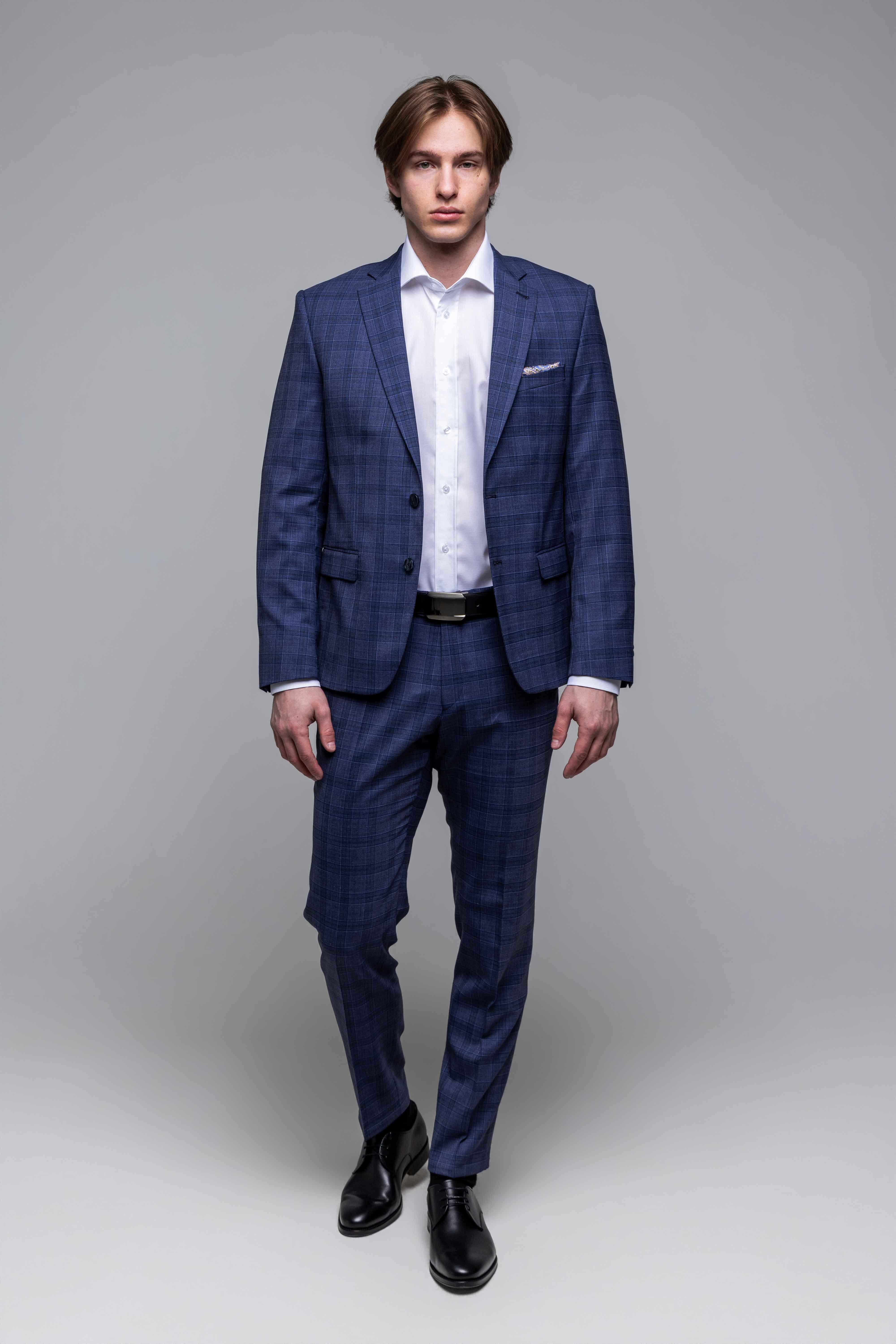 Modrošedý károvaný Slim Fit oblek