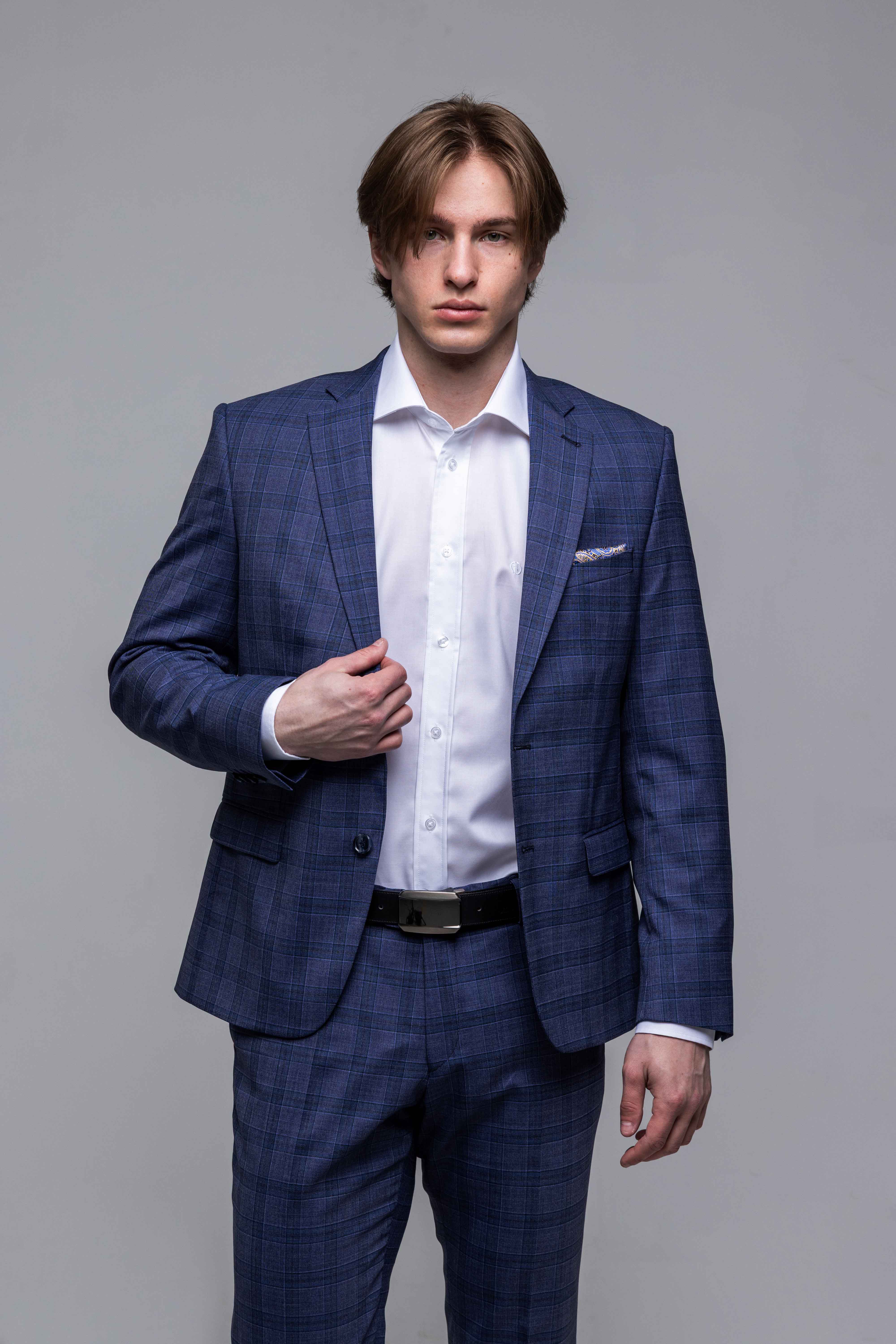 Modrošedý károvaný Slim Fit oblek