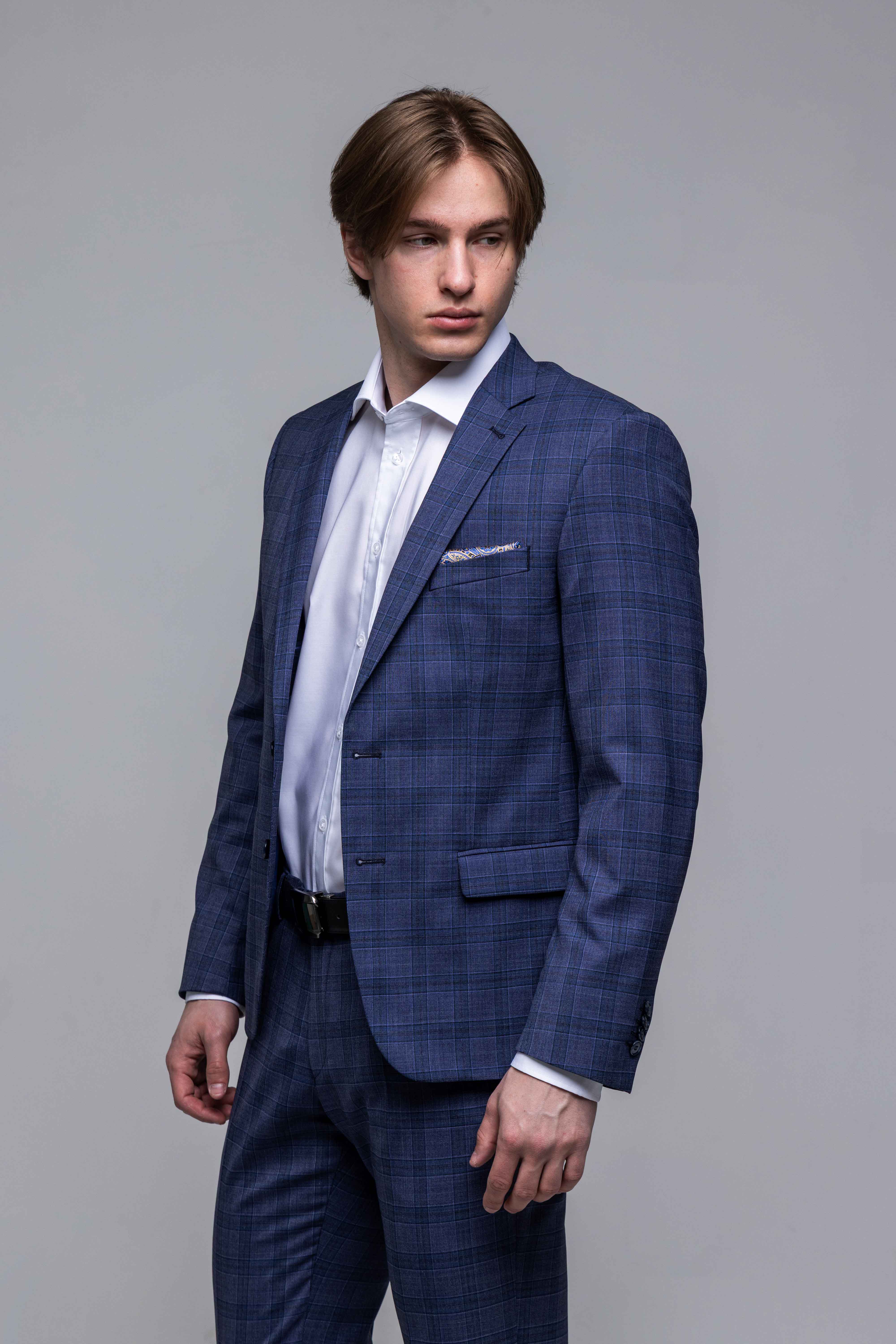 Modrošedý károvaný Slim Fit oblek