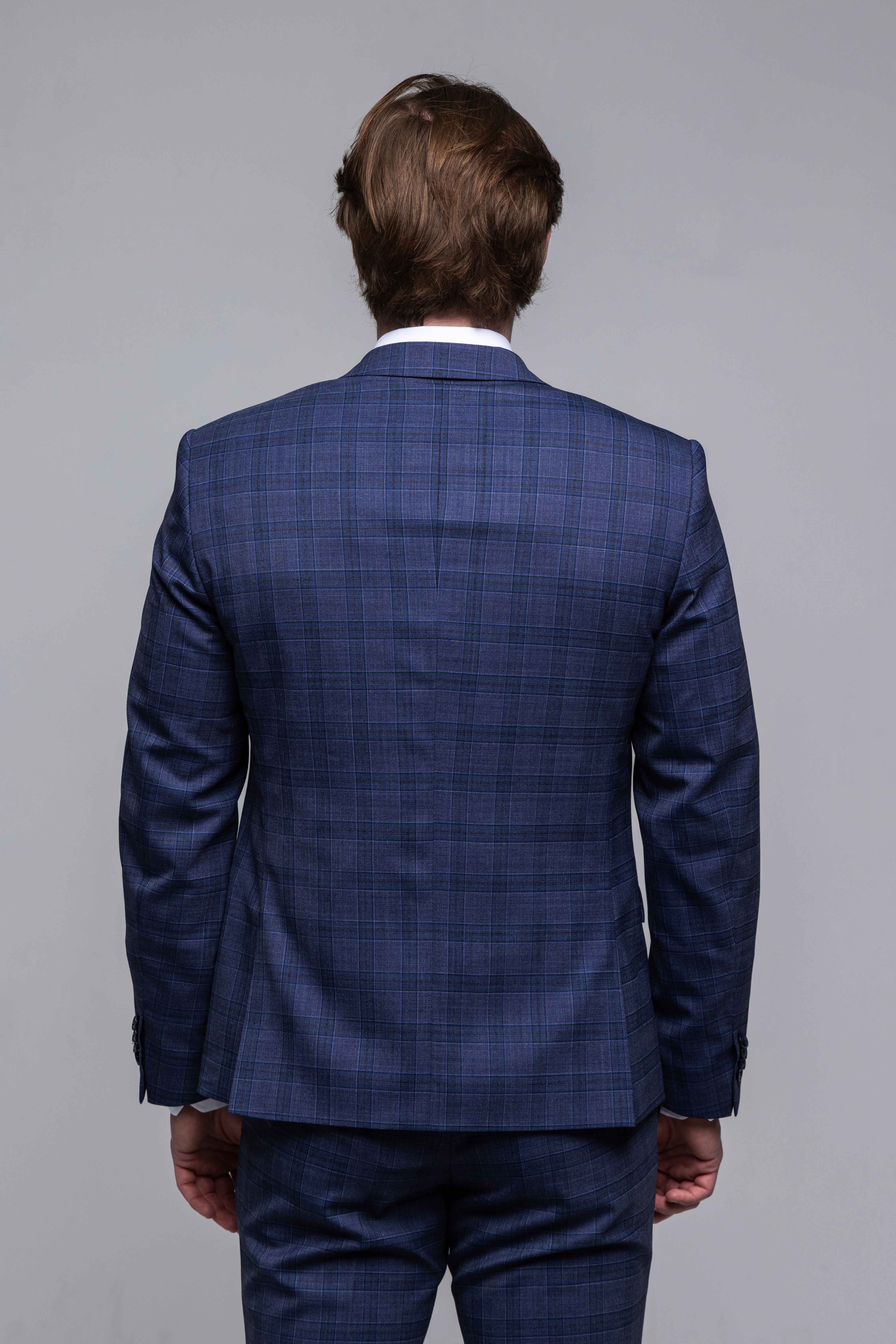 Modrošedý károvaný Slim Fit oblek