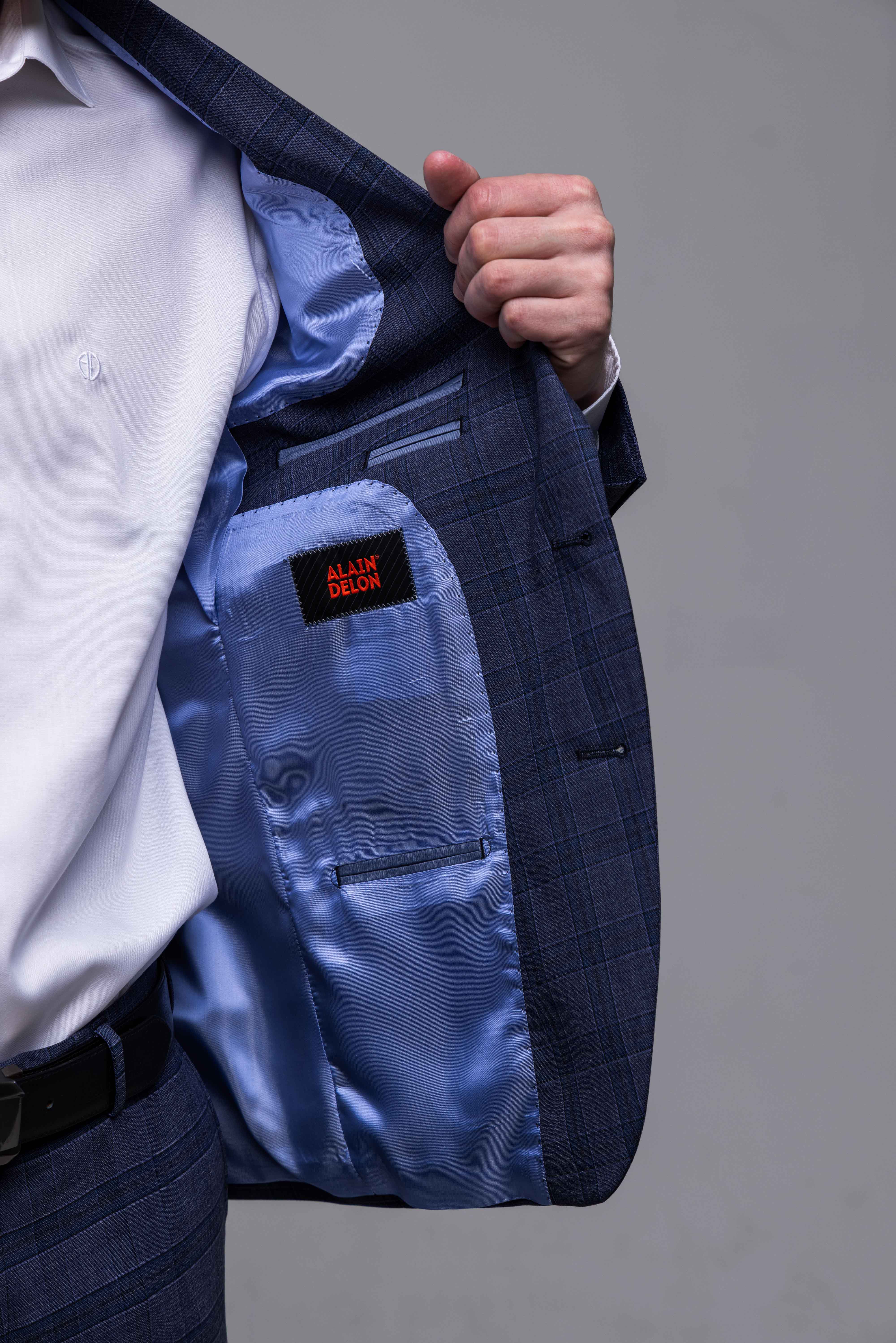 Modrošedý károvaný Slim Fit oblek