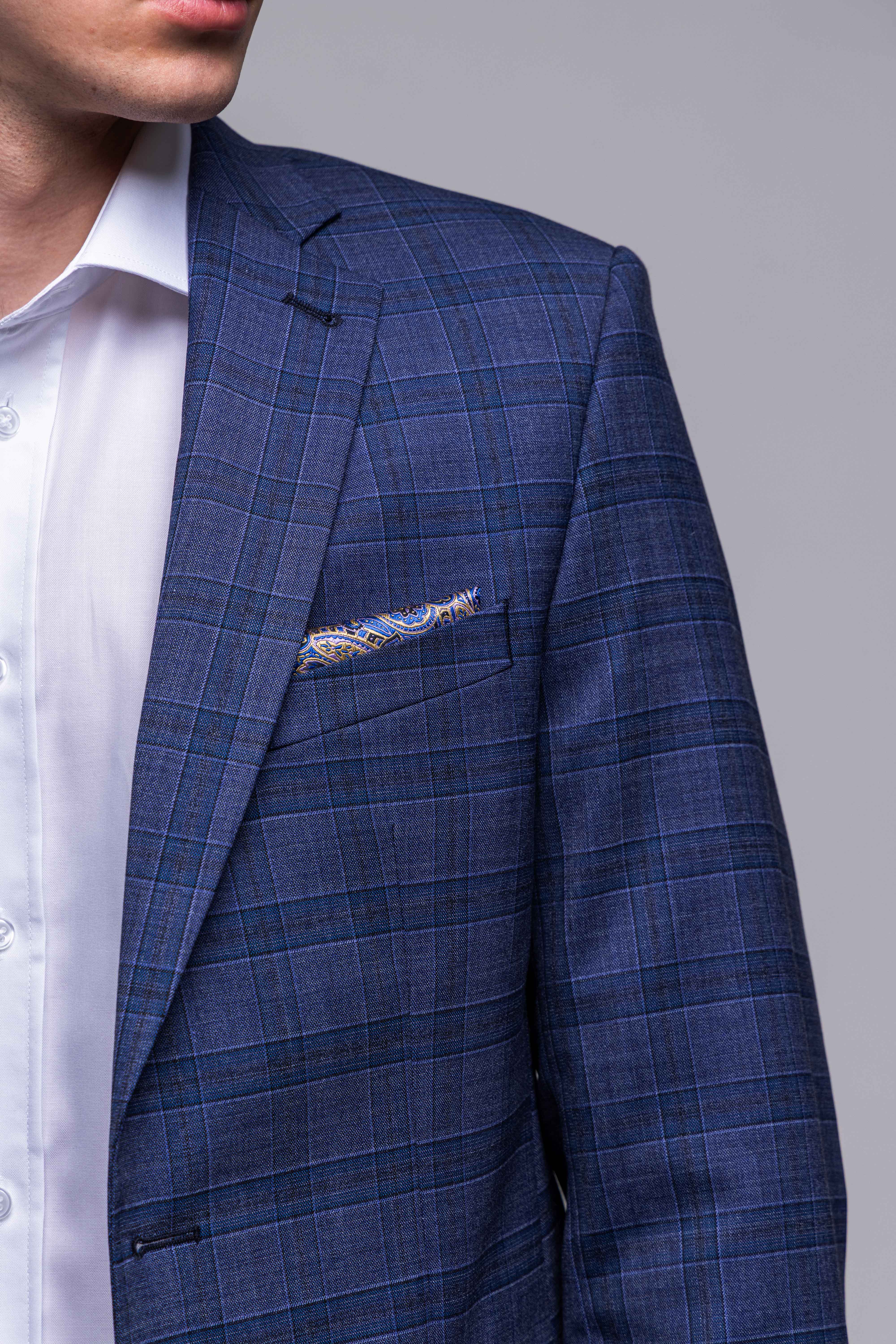 Modrošedý károvaný Slim Fit oblek