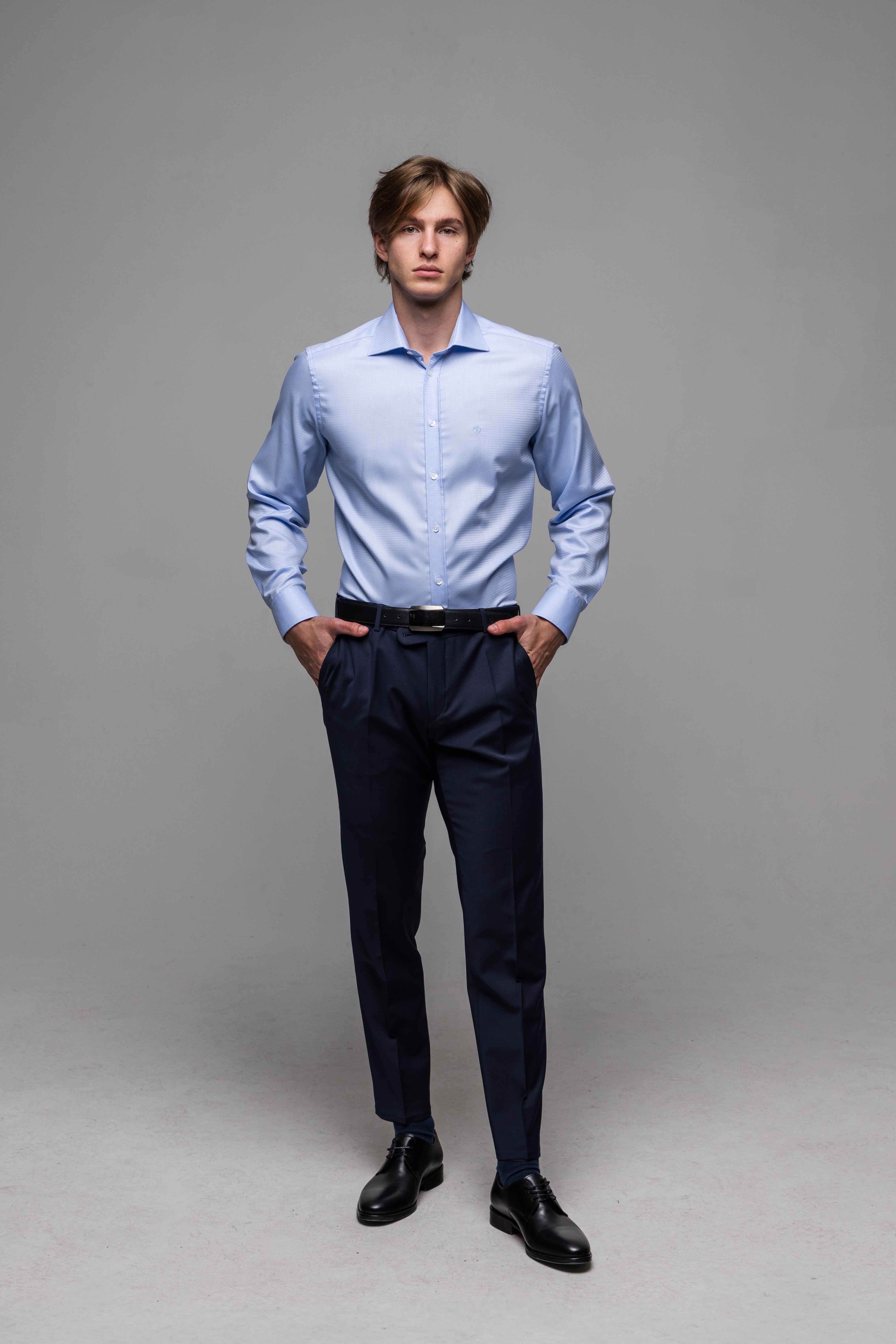 Modrá spoločenská Extra Slim Fit košeľa s pleteným vzorom