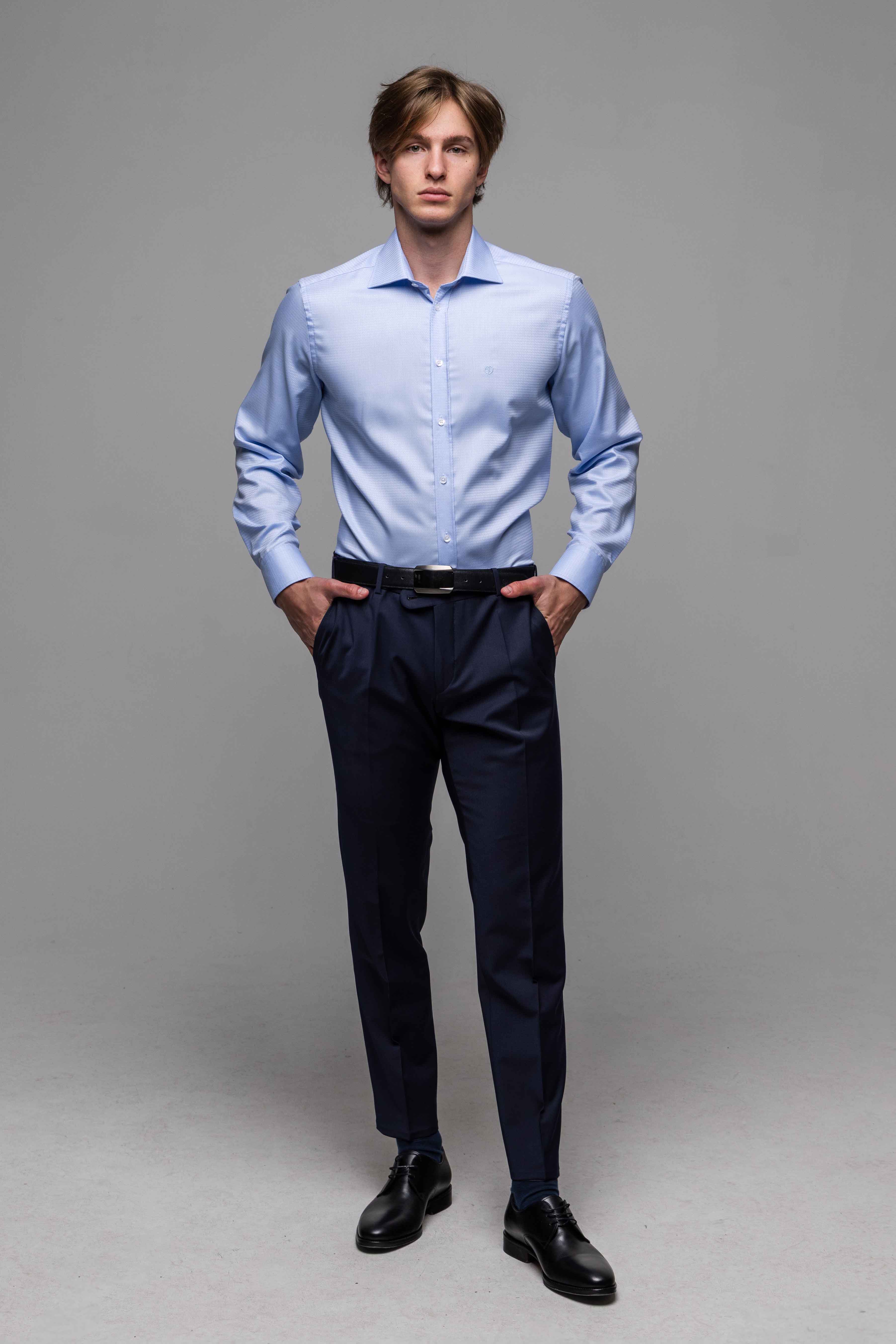 Modrá spoločenská Extra Slim Fit košeľa s pleteným vzorom