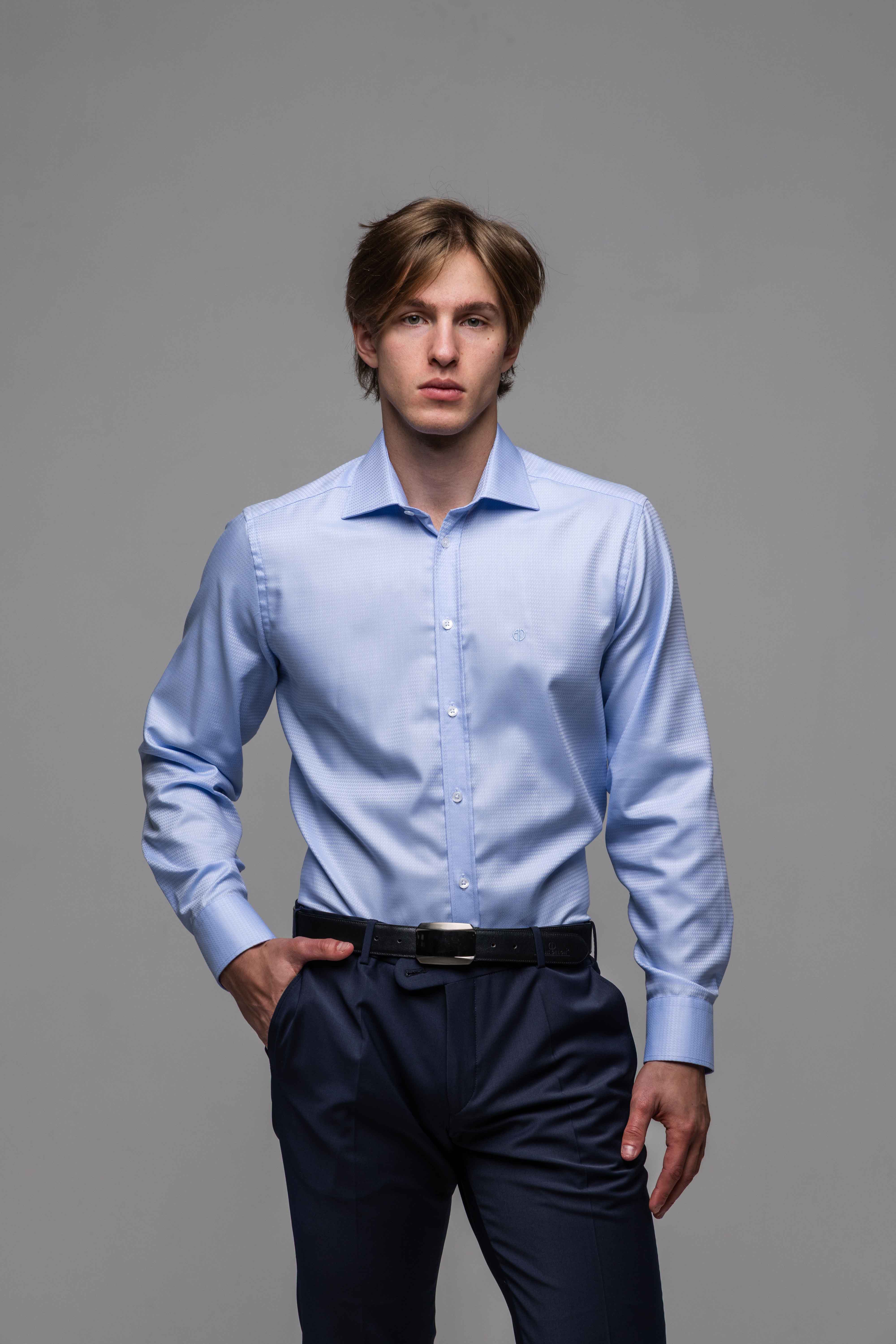 Modrá spoločenská Extra Slim Fit košeľa s pleteným vzorom