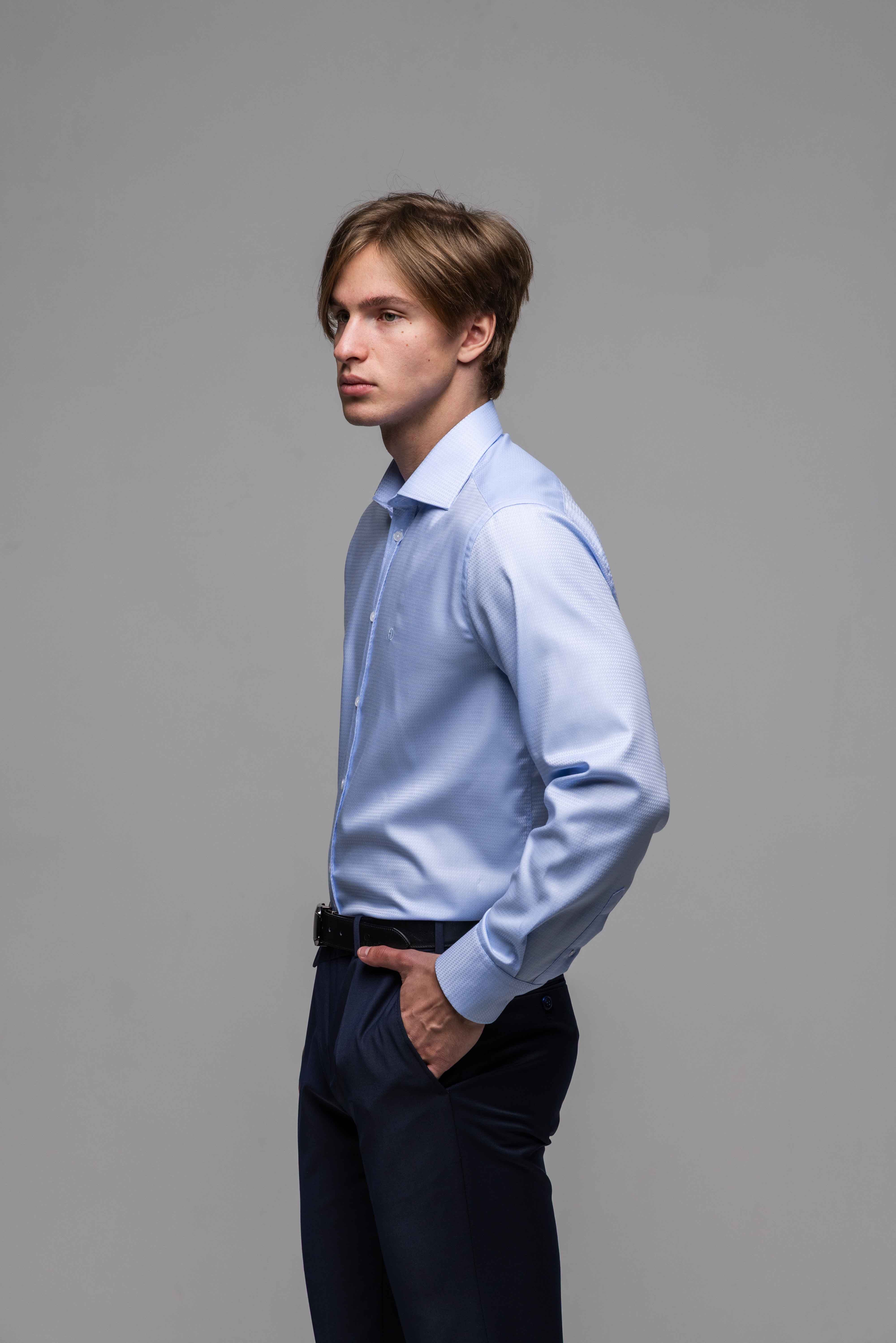 Modrá spoločenská Classic Fit košeľa s pleteným vzorom