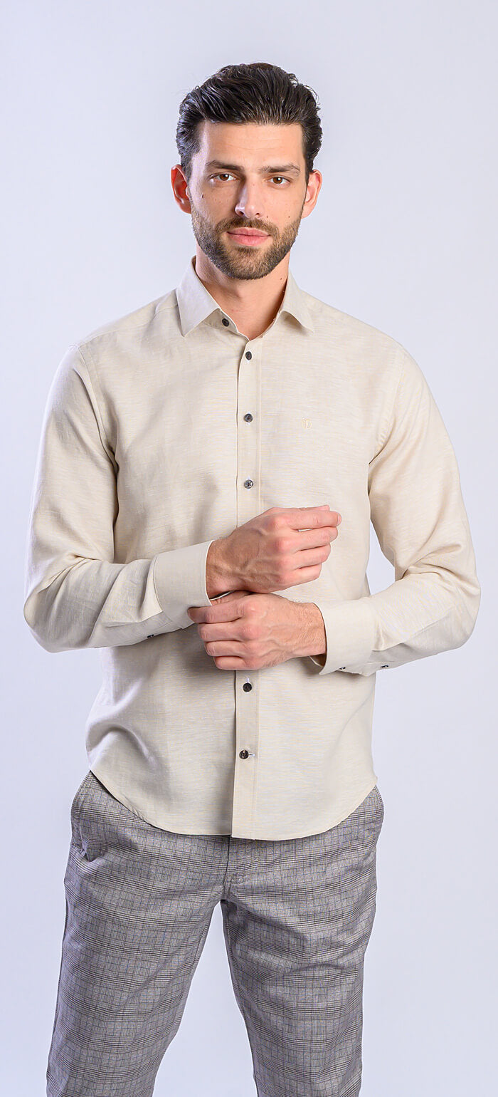 Béžová ľanová Extra Slim Fit košeľa s hnedými gombíkmi