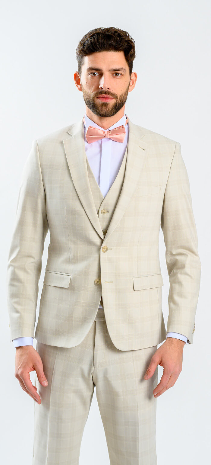Béžový károvaný svadobný Slim Fit oblek s vestou