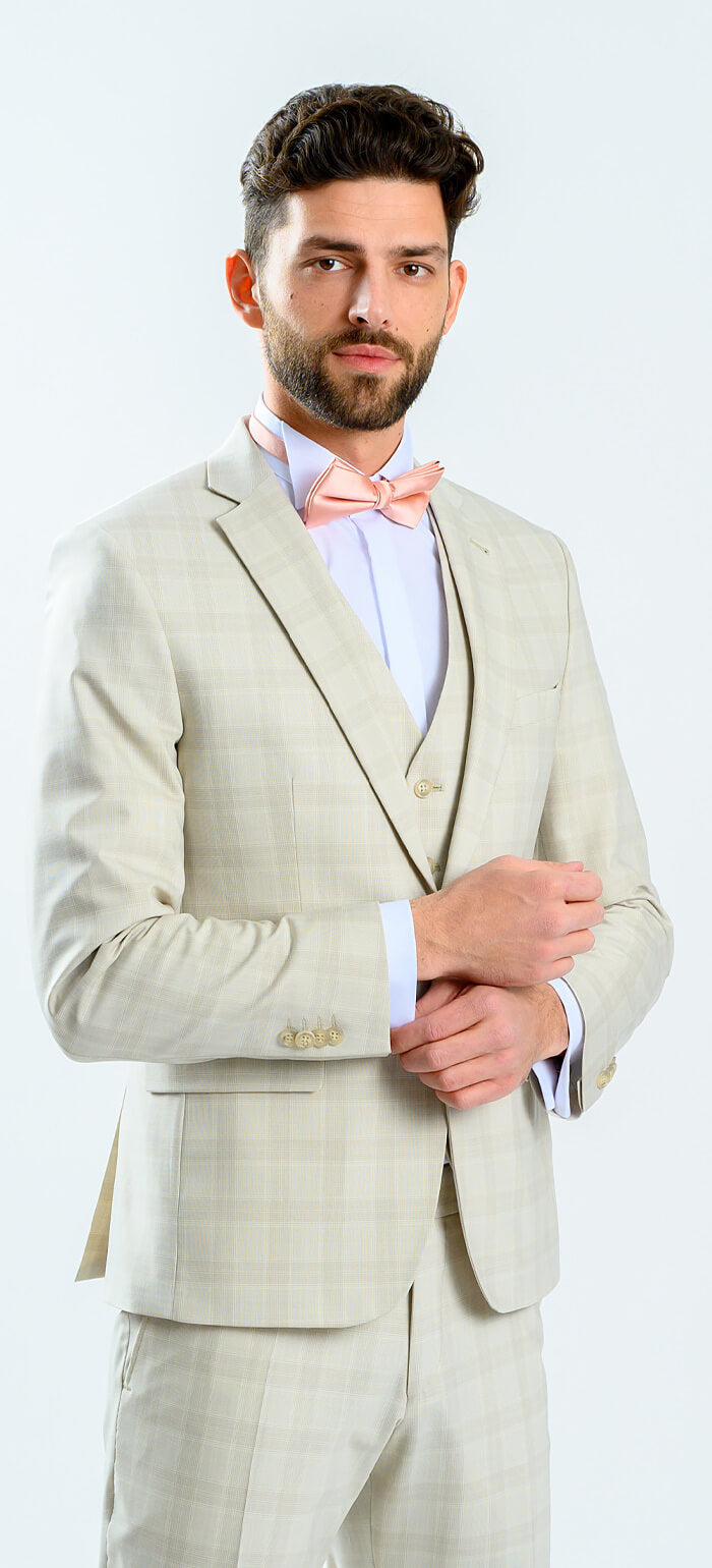Béžový károvaný svadobný Slim Fit oblek s vestou