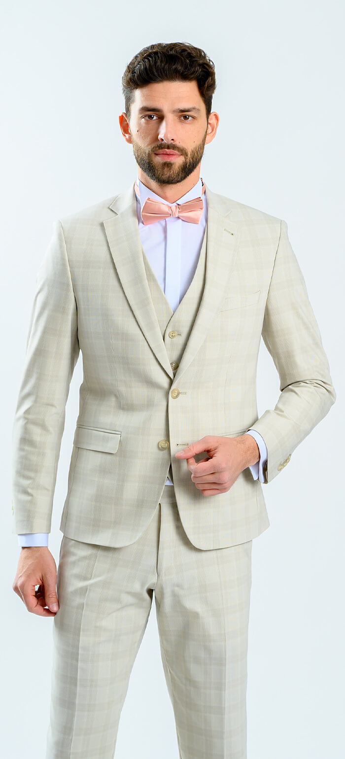 Béžový károvaný svadobný Slim Fit oblek s vestou