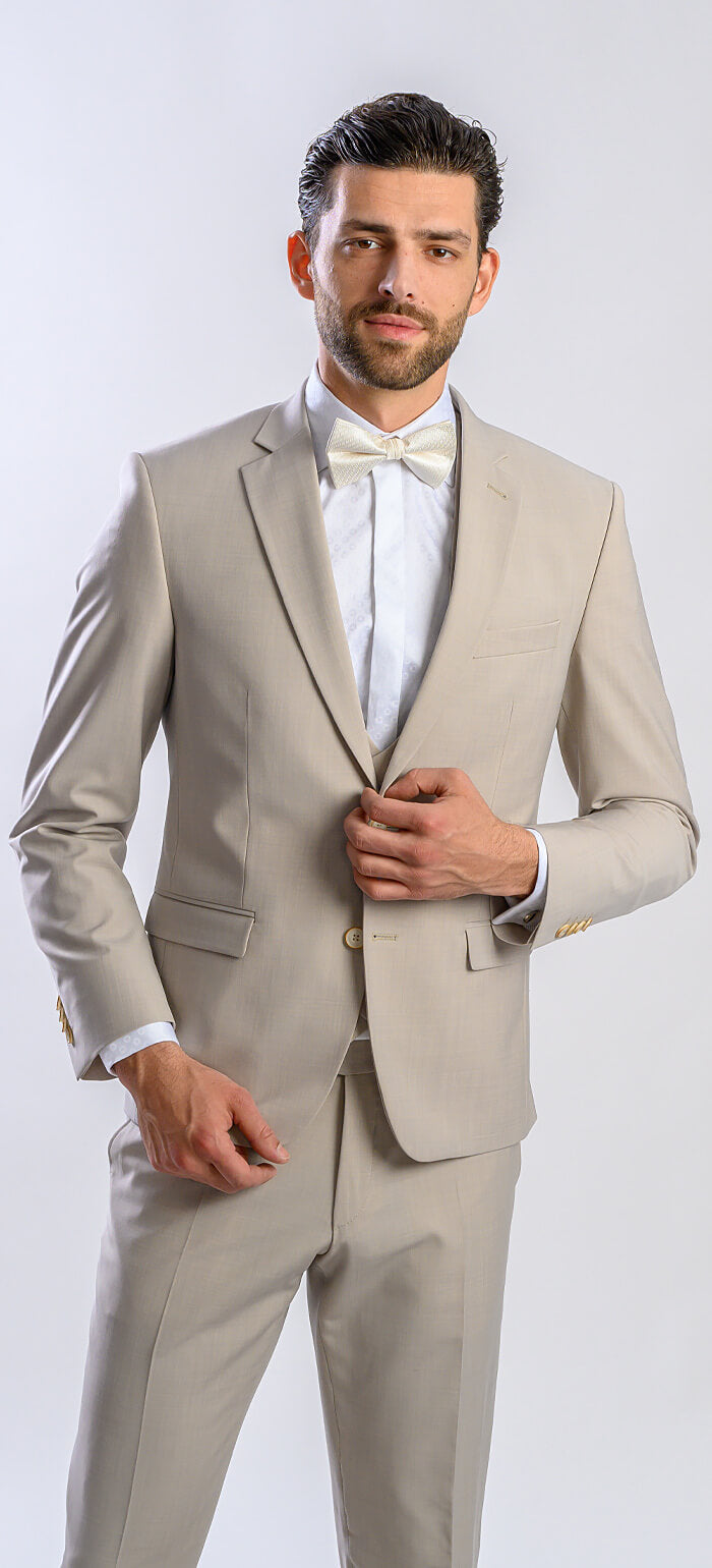 Béžový svadobný Slim Fit oblek s vestou