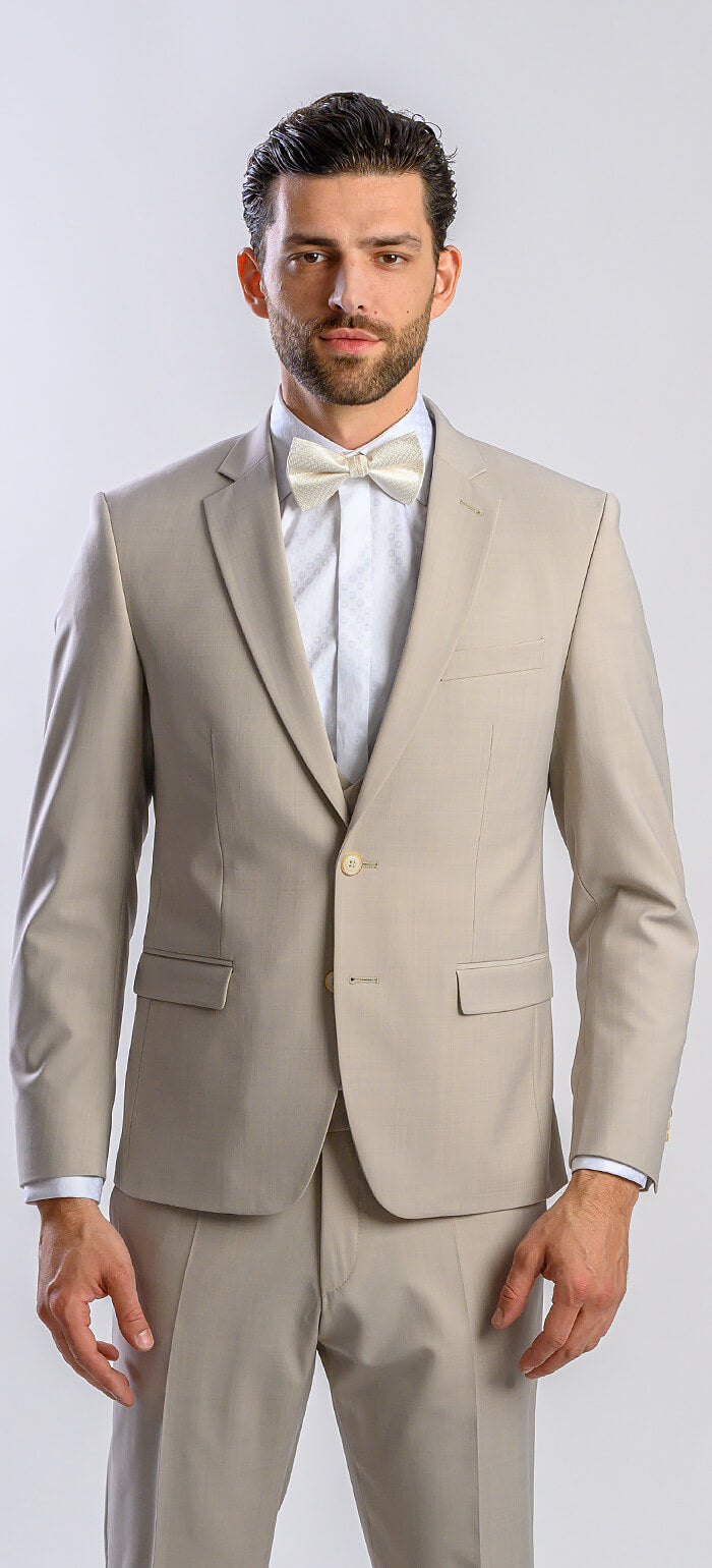 Béžový svadobný Slim Fit oblek s vestou