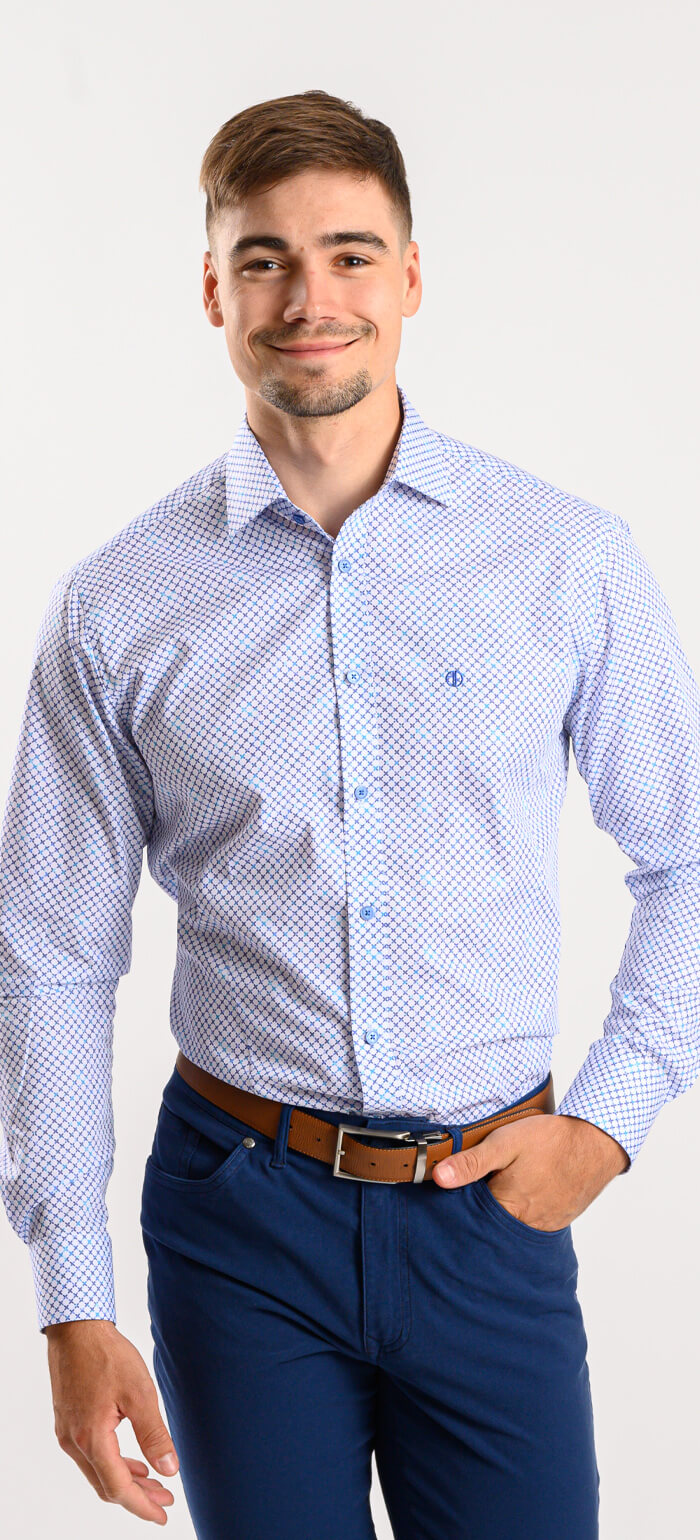 Biela Extra Slim Fit košeľa s modrým vzorom krížikov