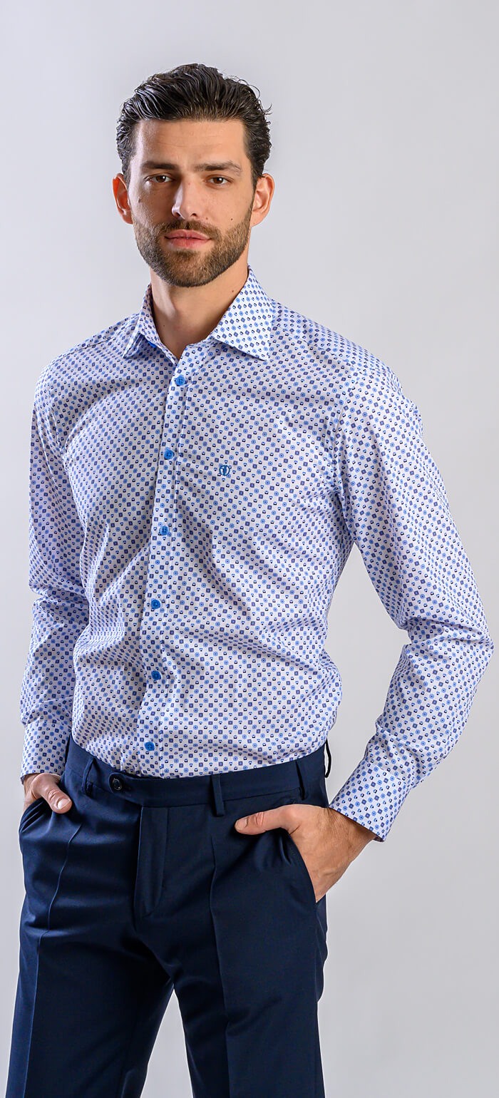 Biela Extra Slim Fit košeľa s modrým vzorom